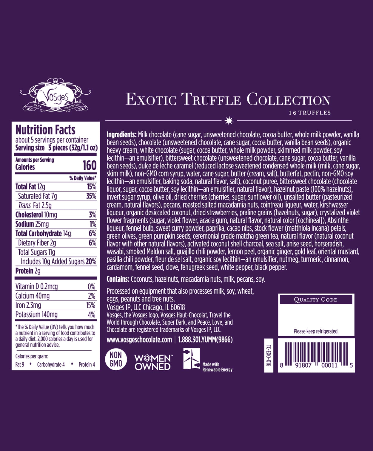 Nutrition Facts and Ingredients of Vosges Haut-Chocolat nine piece Exotic Chocolate Truffle Collection printed in white san-serif font on a dark purple background.