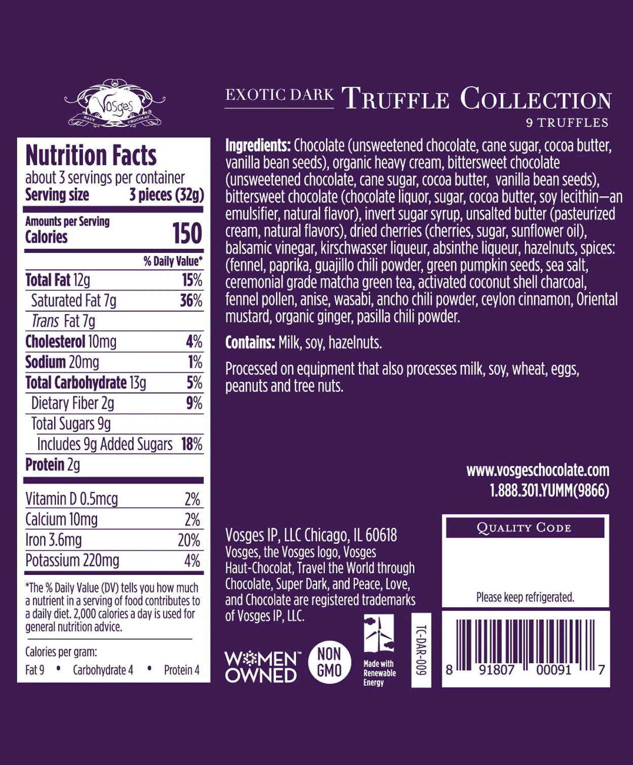 Nutrition Facts and Ingredients of Vosges Haut-Chocolat nine piece Dark Chocolate Truffle Collection printed in white san-serif font on a dark purple background.