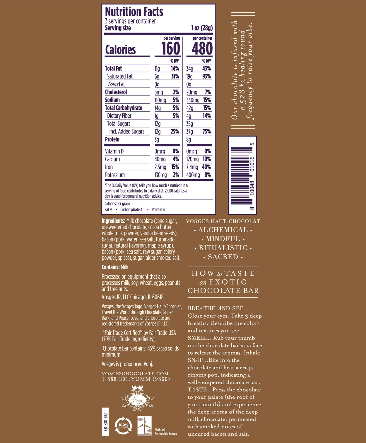 Nutrition Facts and Ingredients of Vosges Haut-Chocolat Mo's Milk Chocolate Bacon bar in white, san-serif font on a brown background.