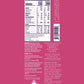 Nutrition Facts and Ingredients of Vosges Haut-Chocolat Pink Salt Caramel bar in white, san-serif font on a bright pink background.