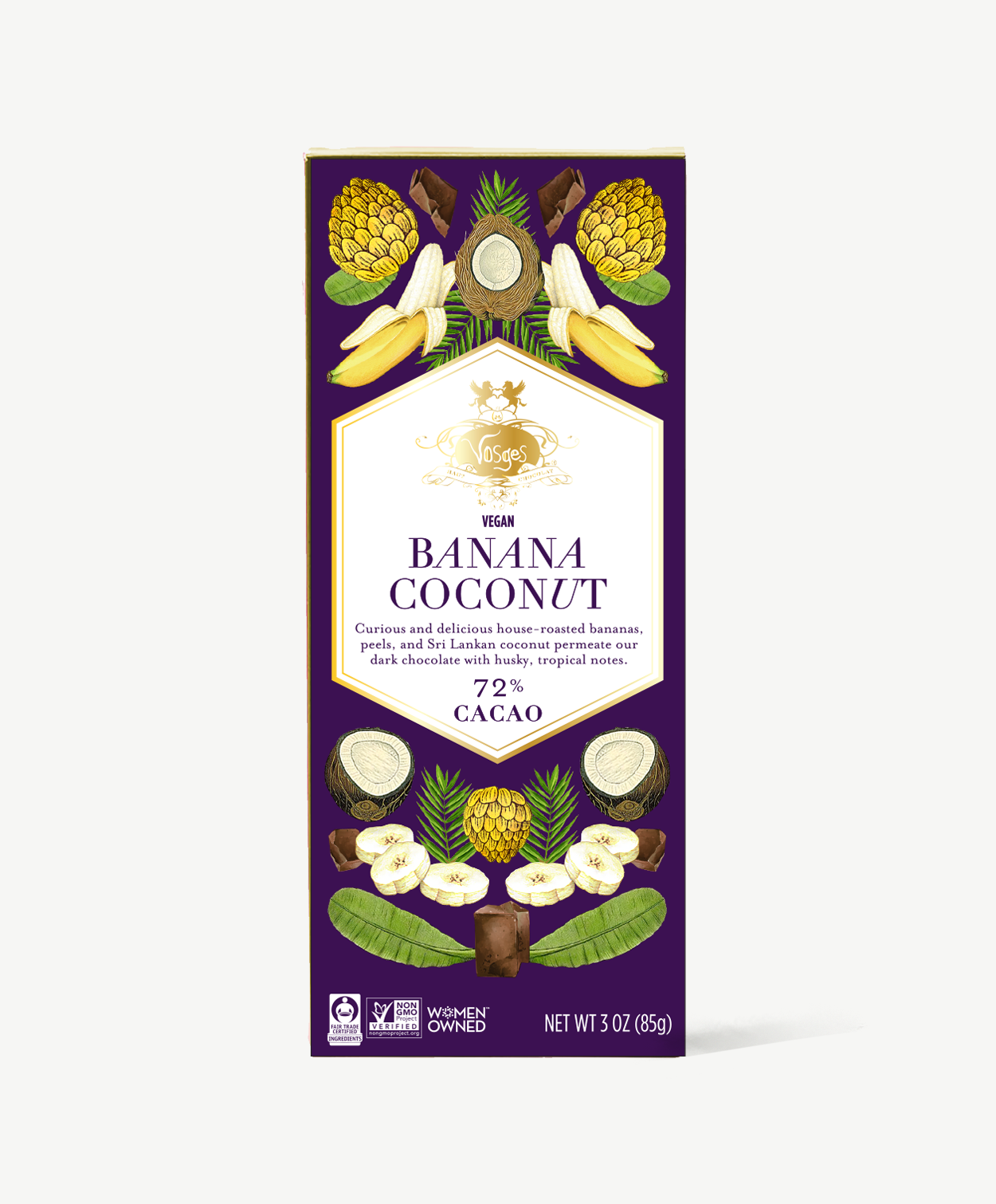 Vosges Banana Coconut bar in a purple box decorated with illustrations of fruit on a white background.