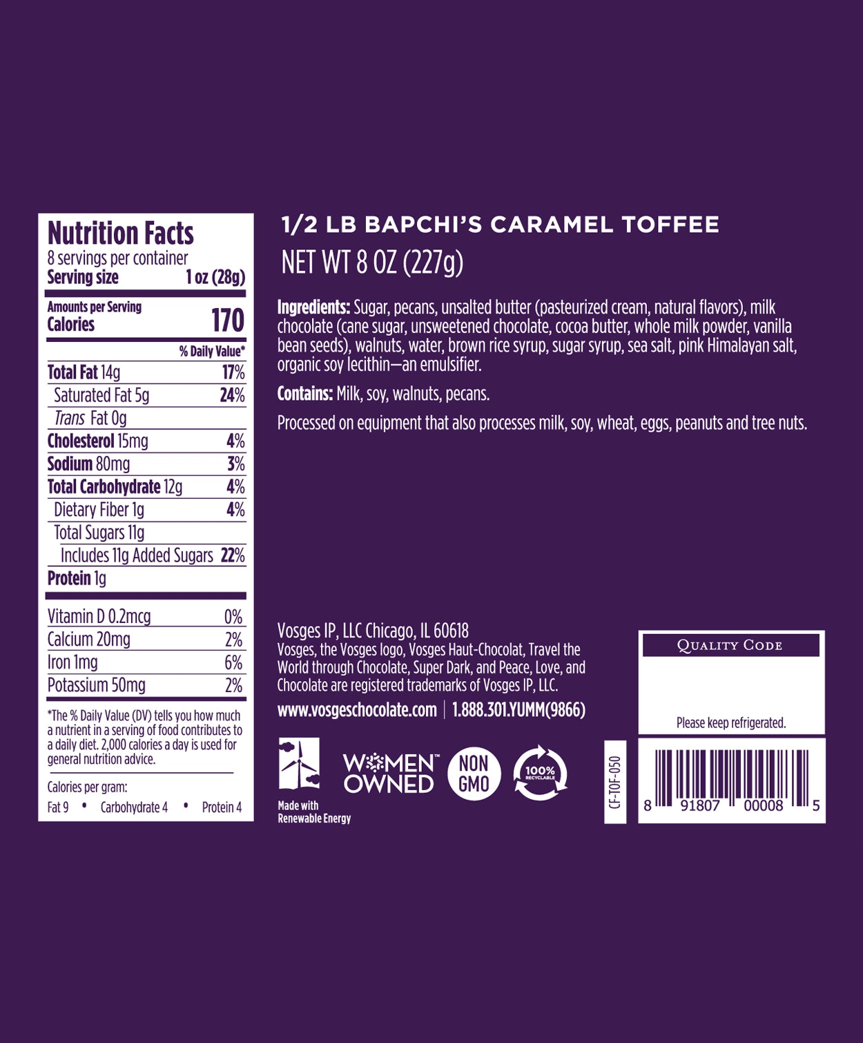 Nutrition Facts and Ingredients of Vosges Haut-Chocolat Bapchi's Caramel Toffee in white, san-serif font on a deep purple background.