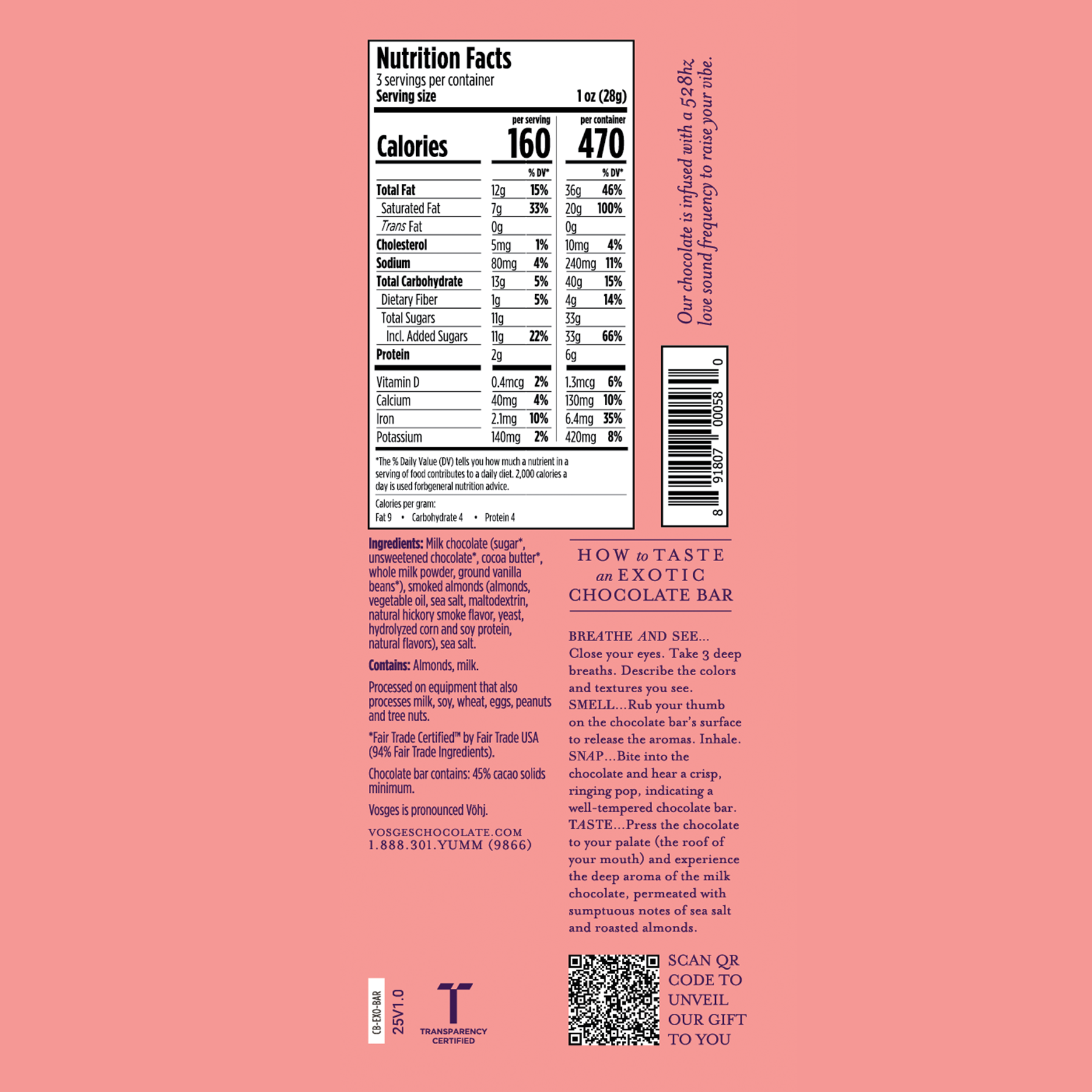Nutritional facts panel for 3 ounce Vosges Barcelona Milk Chocolate bar