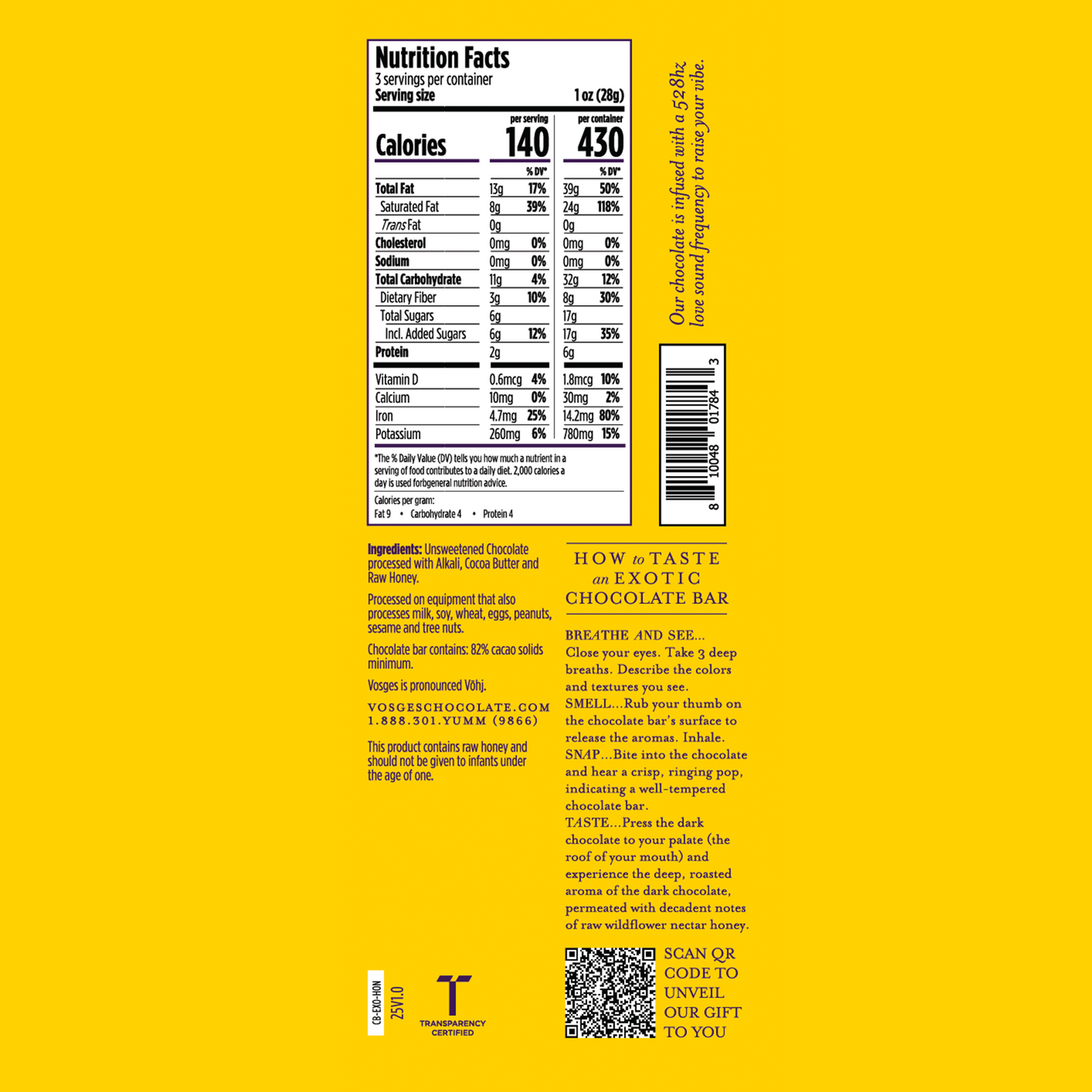 Nutrition facts panel for 3 ounce Vosges Raw Honey Cacao bar