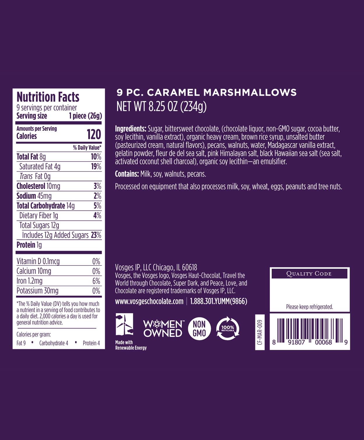Nutrition Facts and Ingredients of Vosges Haut-Chocolat 9 piece Caramel Marshmallows in white, san-serif font on a deep purple background.