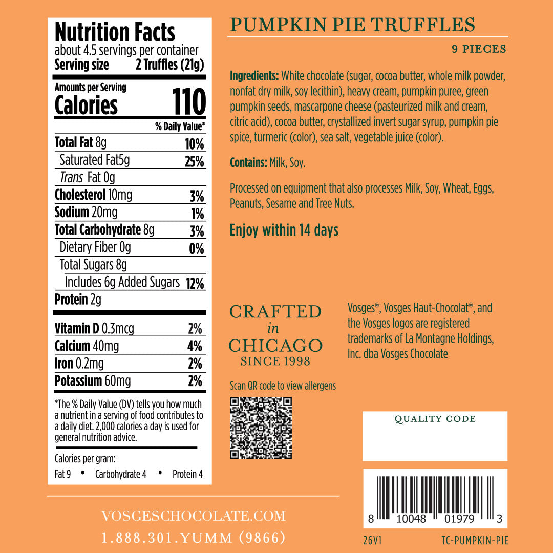 Pumpkin Pie Truffles packaging with nutrition facts and ingredients on a bright orange label