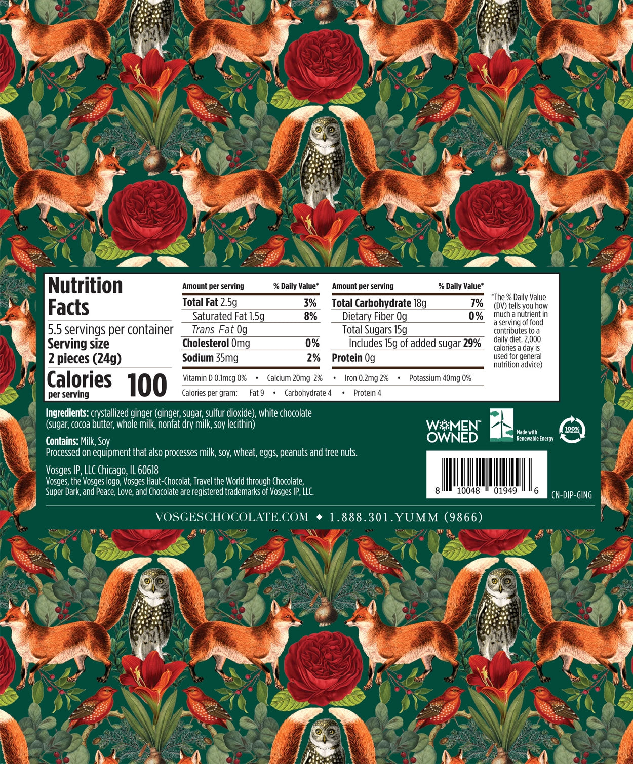 Nutrional facts and ingredients of the Vosges Crystalized Dipped Ginger on a colorful fox and owl print background.