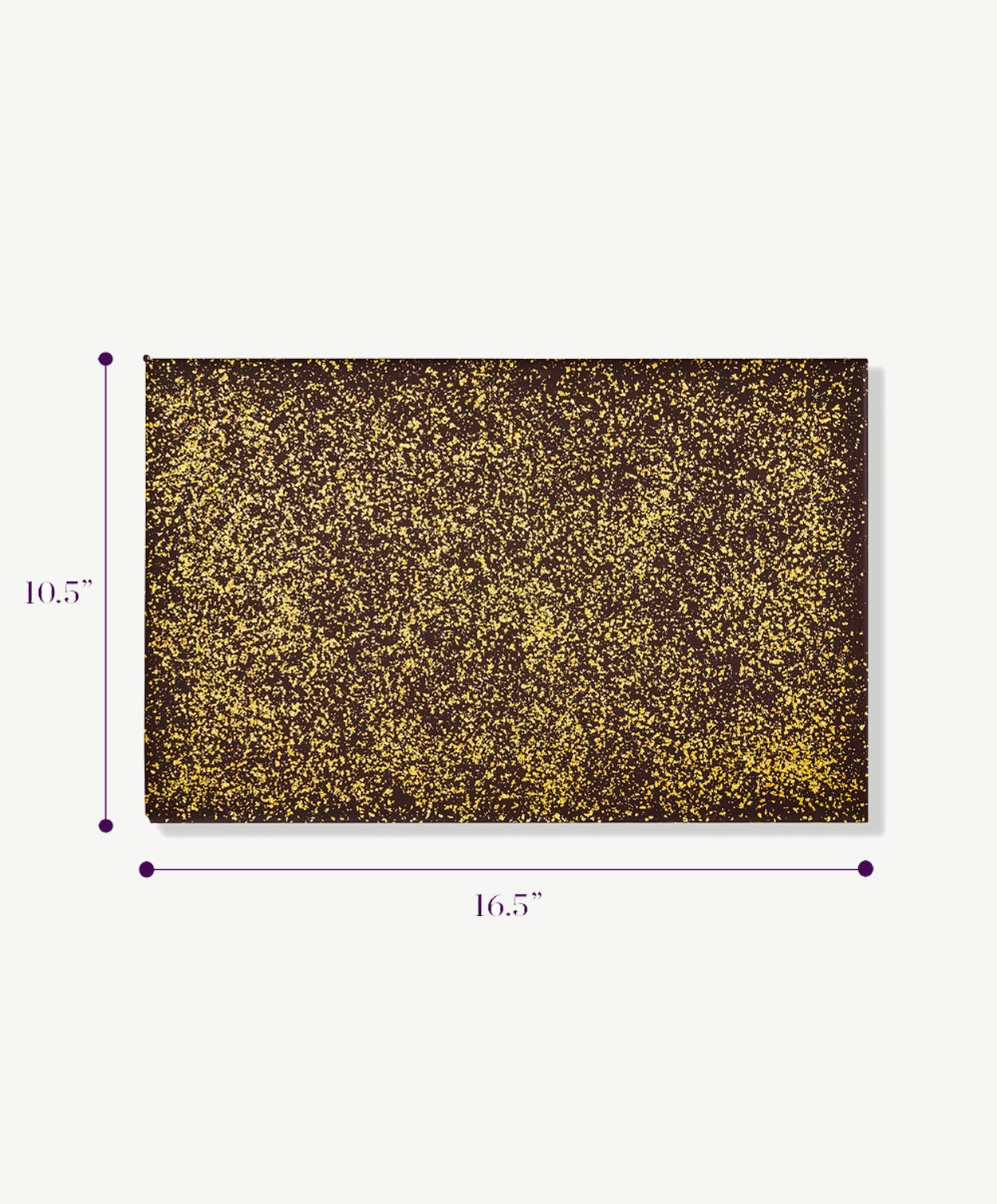 A large 2 lb slab of vegan chocolate covered in gold leaf flecks sitting on a white background with dimensions displaying it's size.