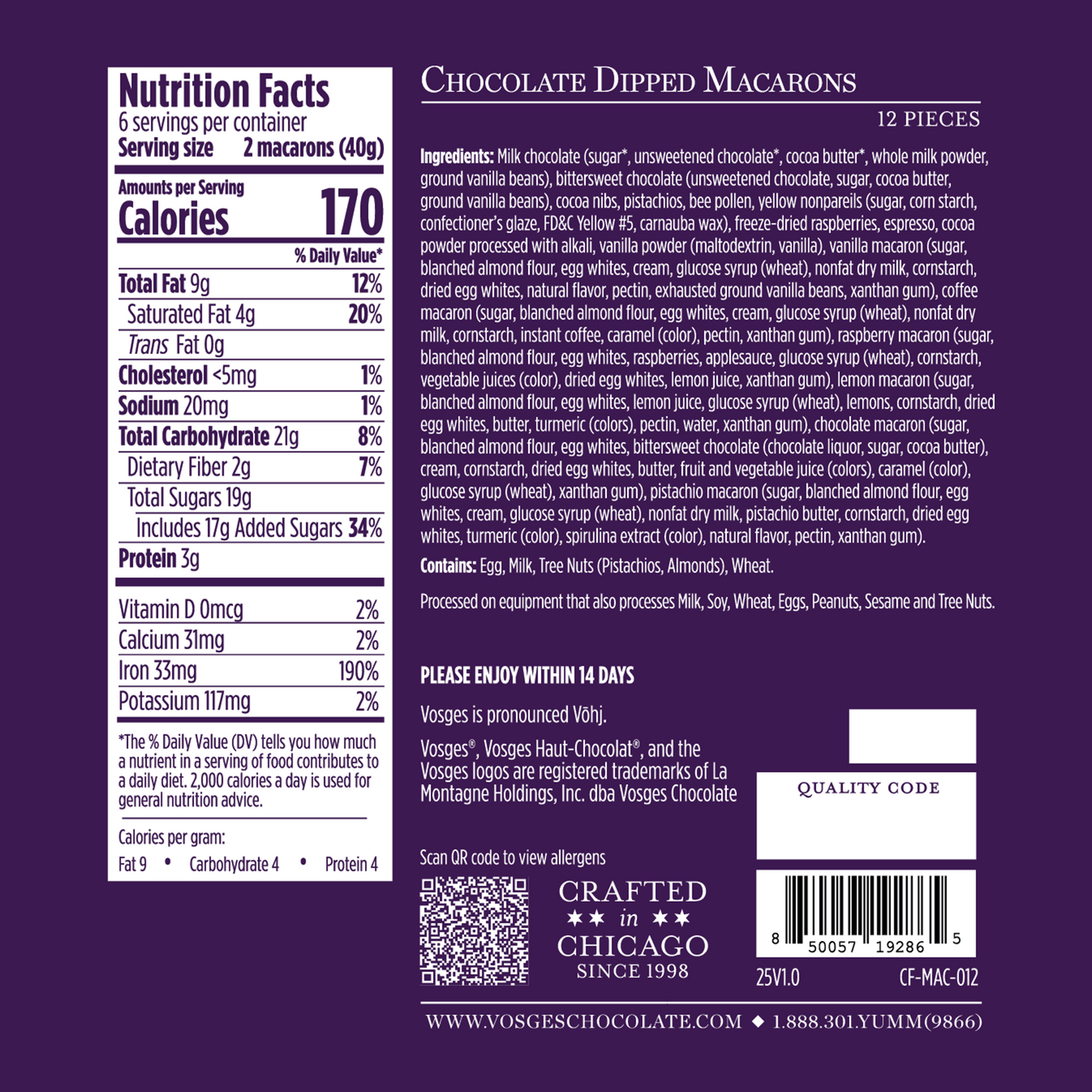 Nutrition label and product details for chocolate dipped macarons on a purple background