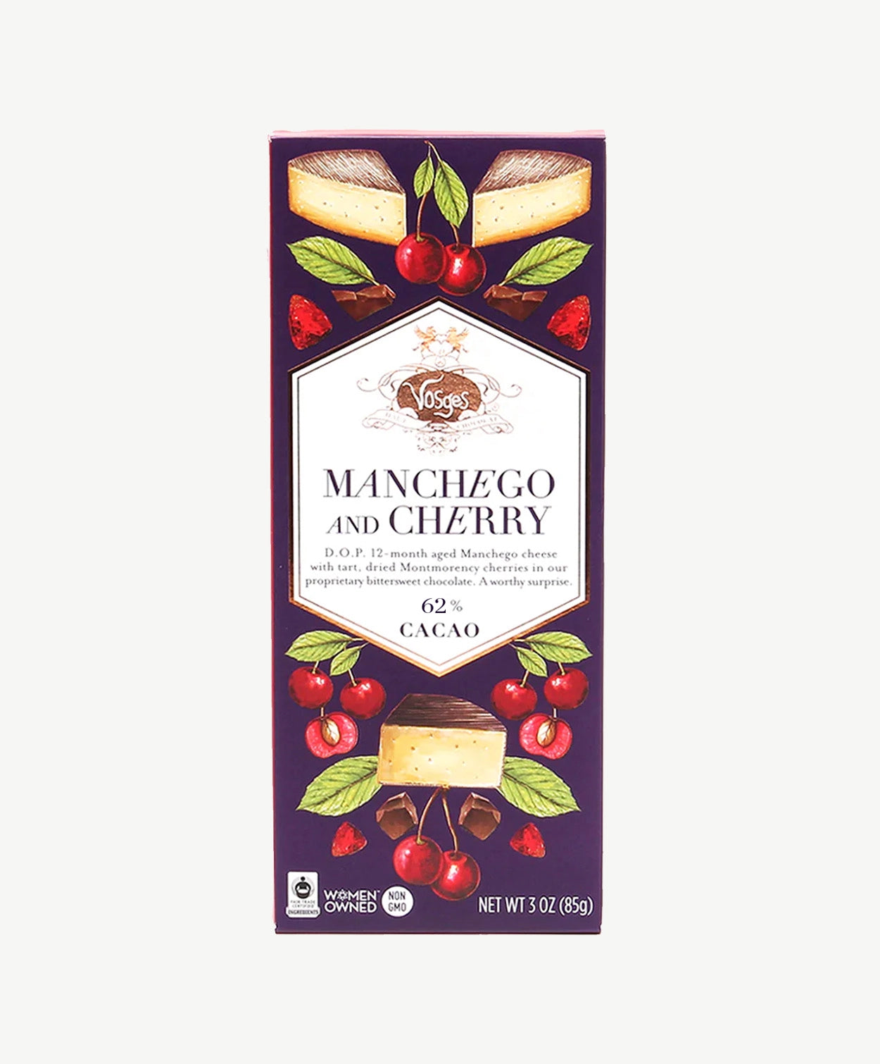 Vosges Manchego and Cherry bar stands upright displaying a purple box featuring illustrations of cherries and cheese on a while background.