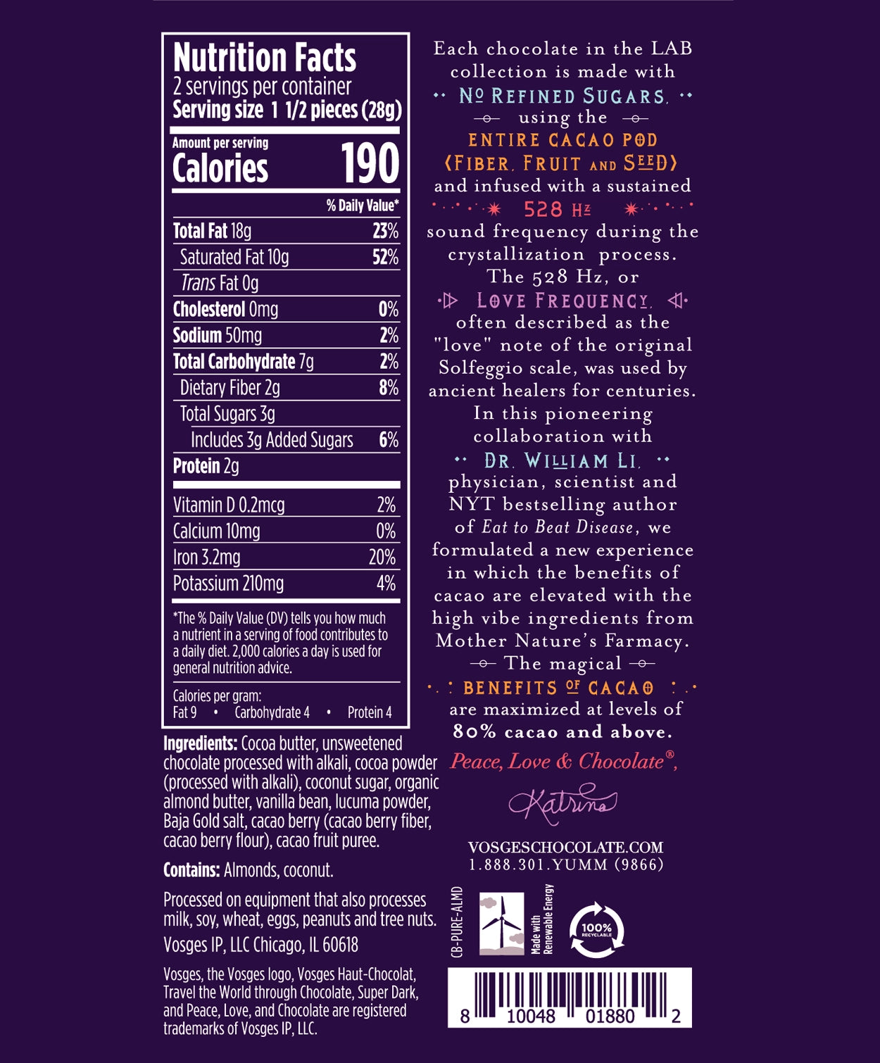 Nutrition Facts and Ingredients of Vosges Haut-Chocolat Raw Almond Butter Pure Plant bar in white, san-serif font on a dark purple background.