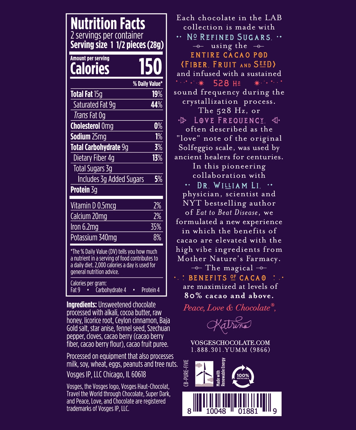 Nutrition Facts and Ingredients of Vosges Haut-Chocolat Chinese 5-Spice Pure Plant bar in white, san-serif font on a dark purple background.