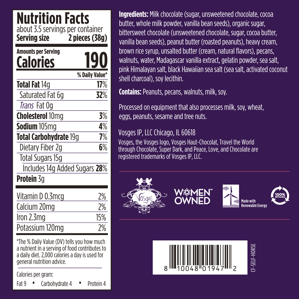 Nutrition Facts and Ingredients of Vosges Haut-Chocolat Self Love in white, san-serif font on a deep purple background.