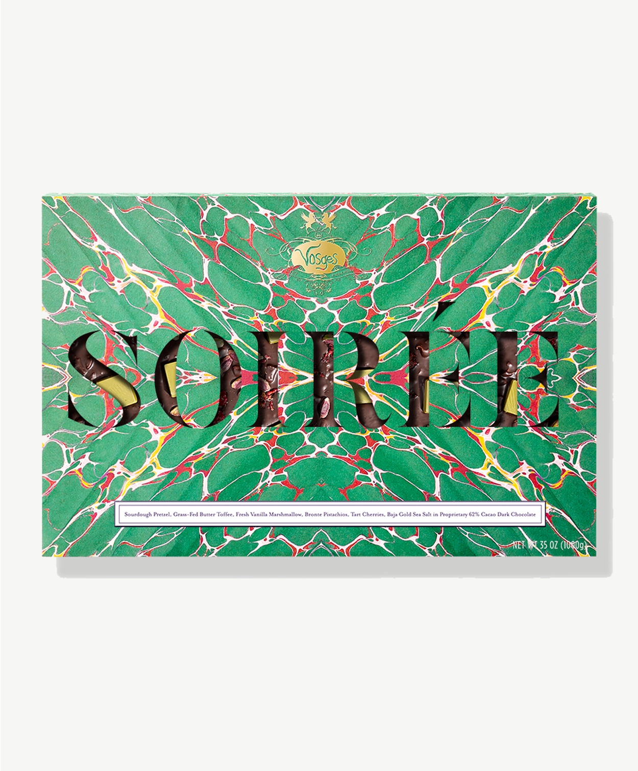 Large two pound slab of Vosges Choclate wrapped in a bright blue psychedelic wrapper reading, "Soirée""