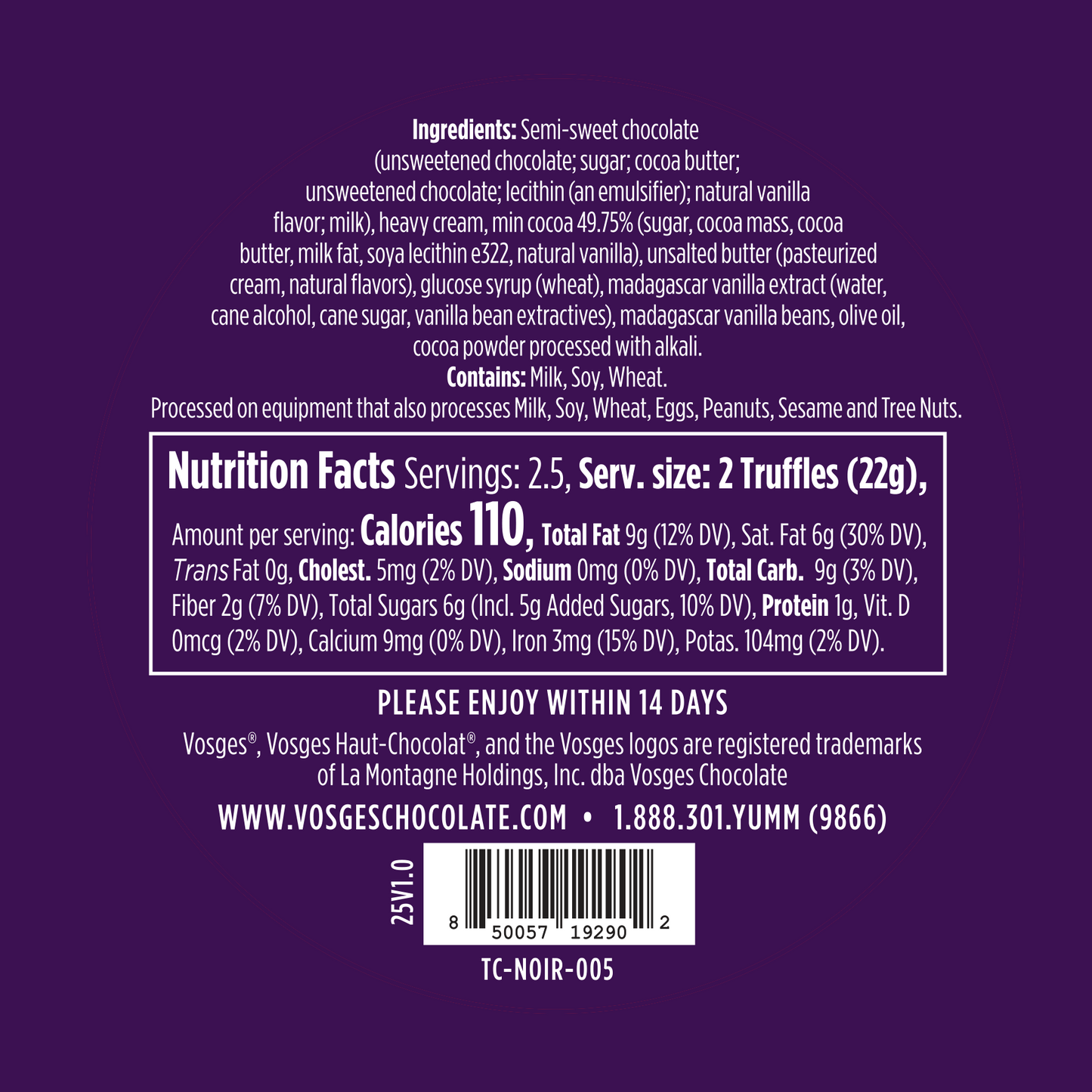 Nutrition label and ingredient list on a purple background for Vosges chocolate truffles.