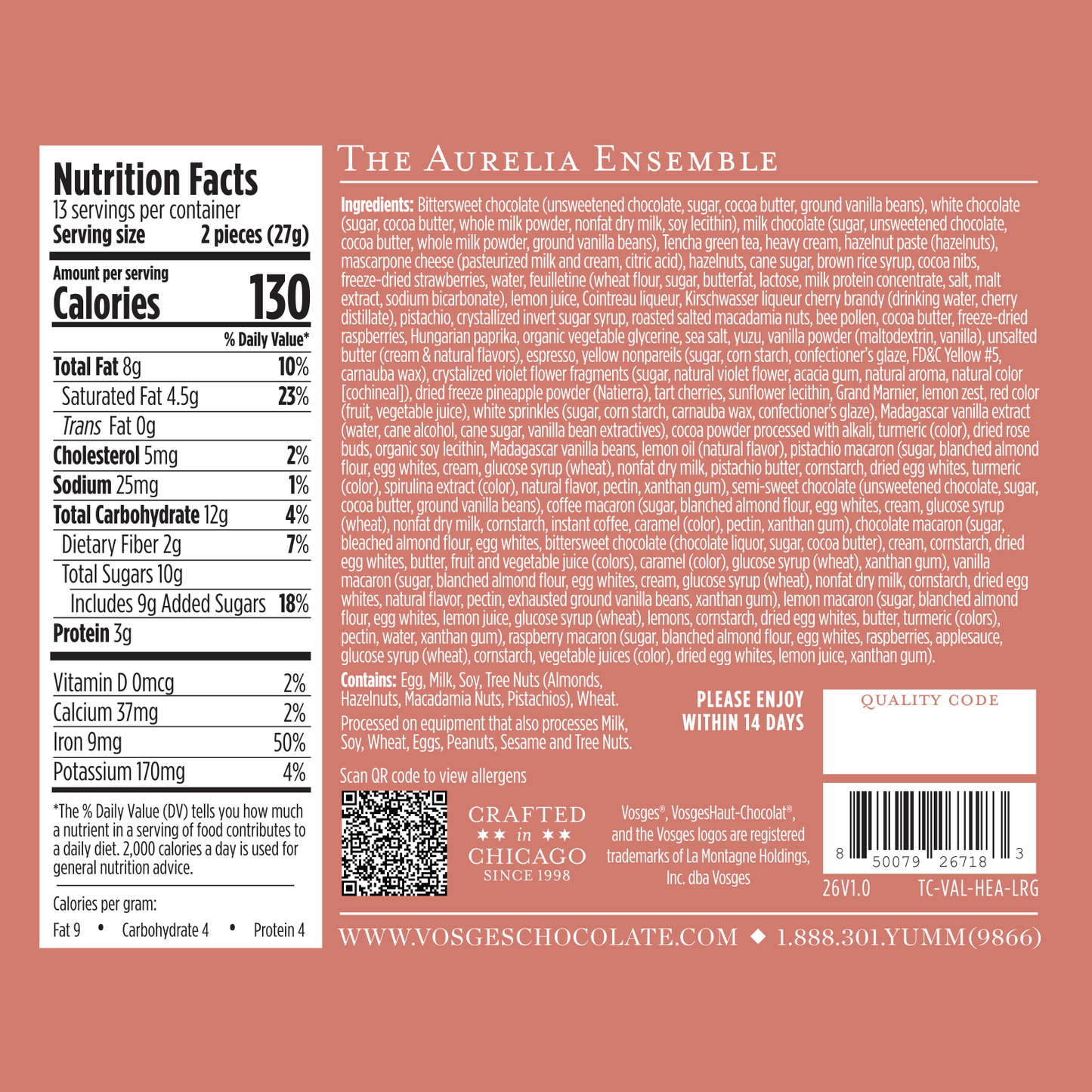 Nutrition facts and ingredients label for a product by The Aurelia Ensemble on a pink background.