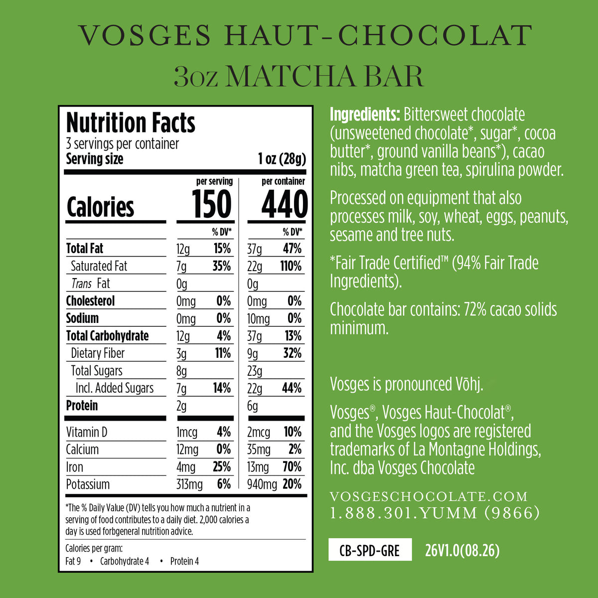 Matcha Green Tea & Spirulina Super Dark™ Chocolate Bar