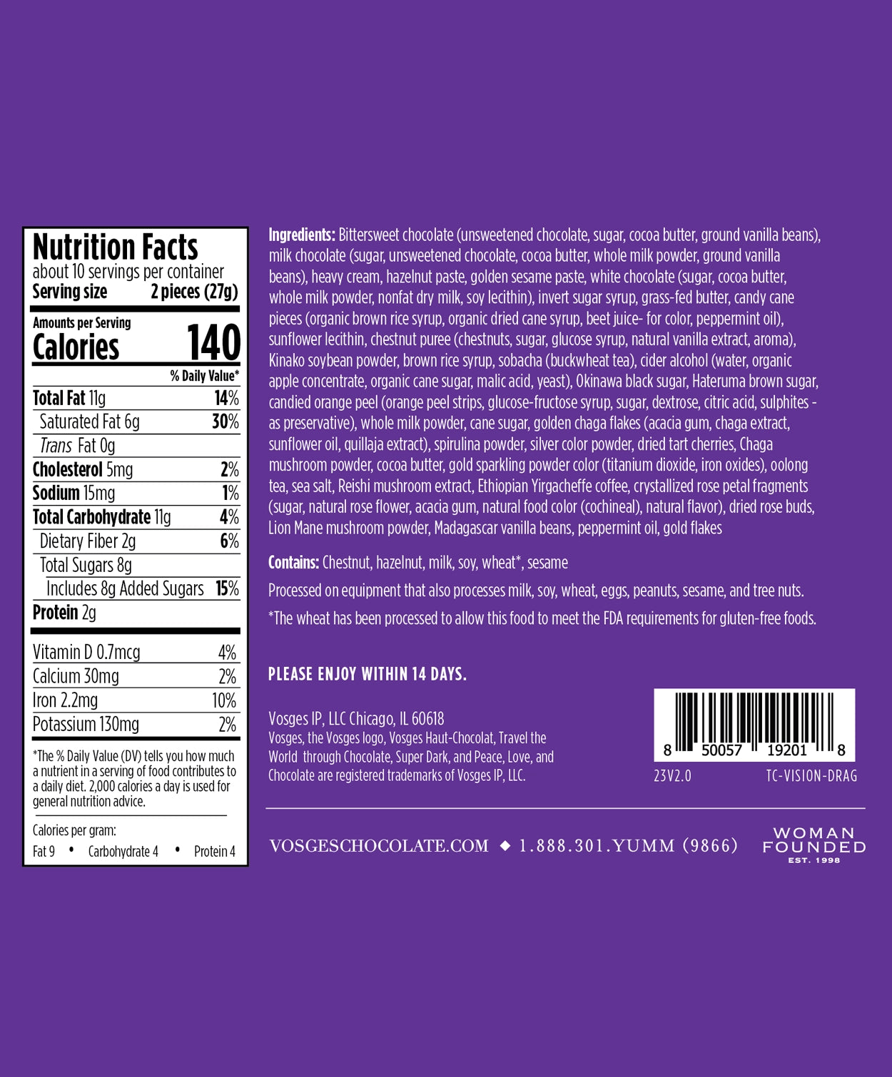 Nutritional information and ingredients of the Vosges Visionary Truffle Collection, in white san-serif