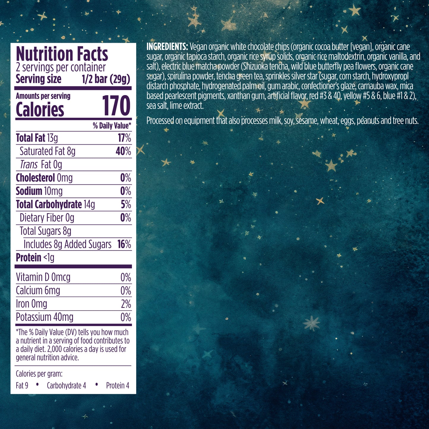 Nutrition facts label and ingredients list on a starry night sky background