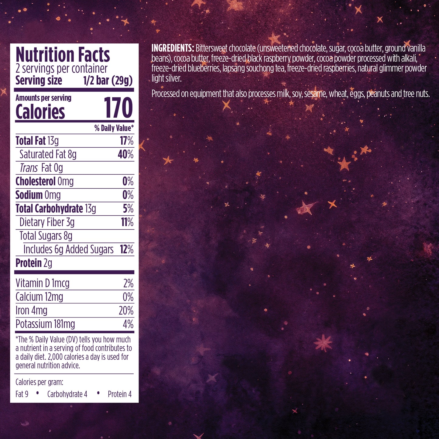 Nutrition facts label and ingredients list on a dark purple background with star patterns