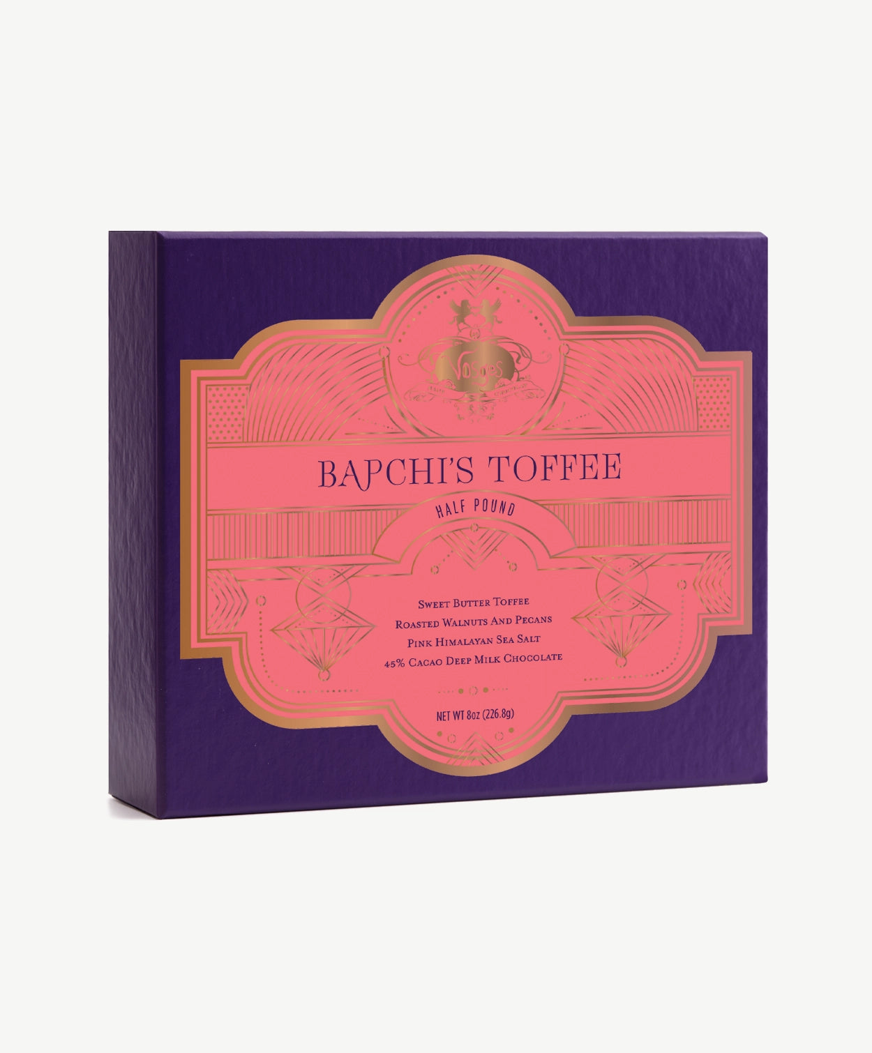 Purple Vosges chocolate box with a pink label reading, "Bapchi's Toffee" stands upright on a light grey background.
