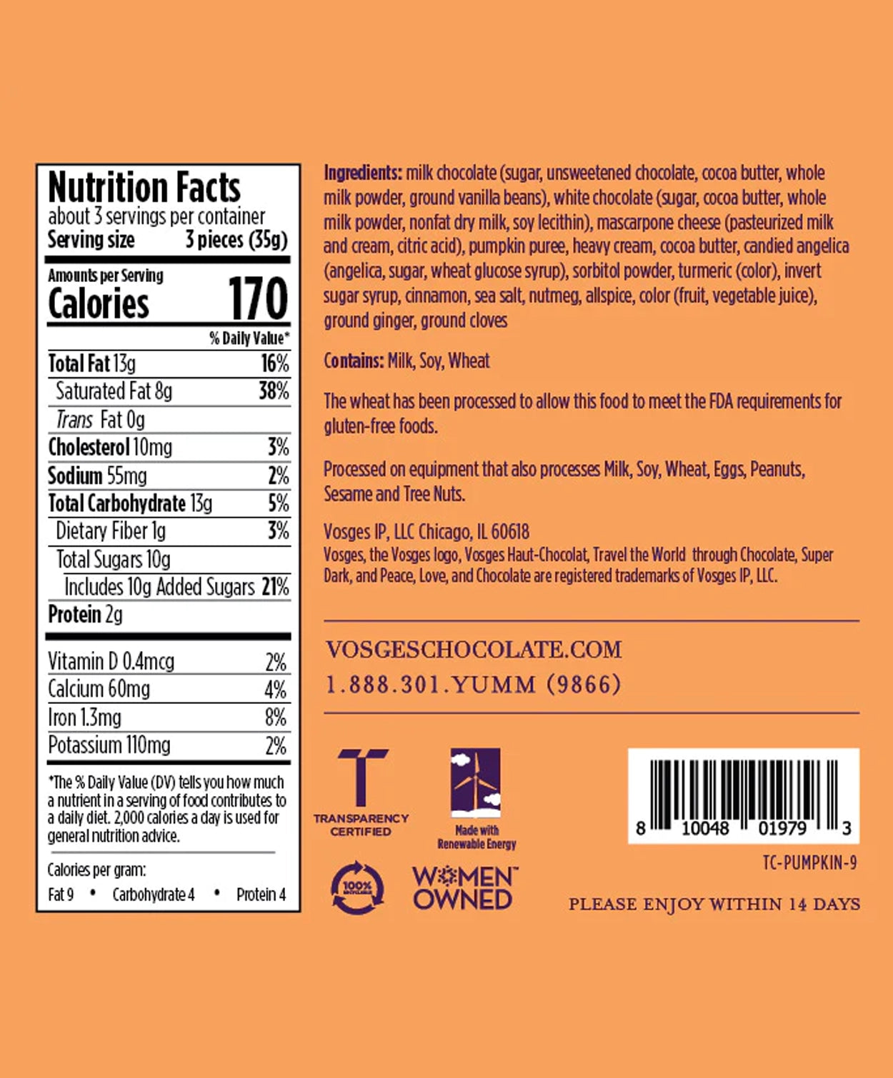 Nutritional ingredients for Vosges Pumpkins Spice Chocolate Truffles in purple san-serif font on a light orange background.