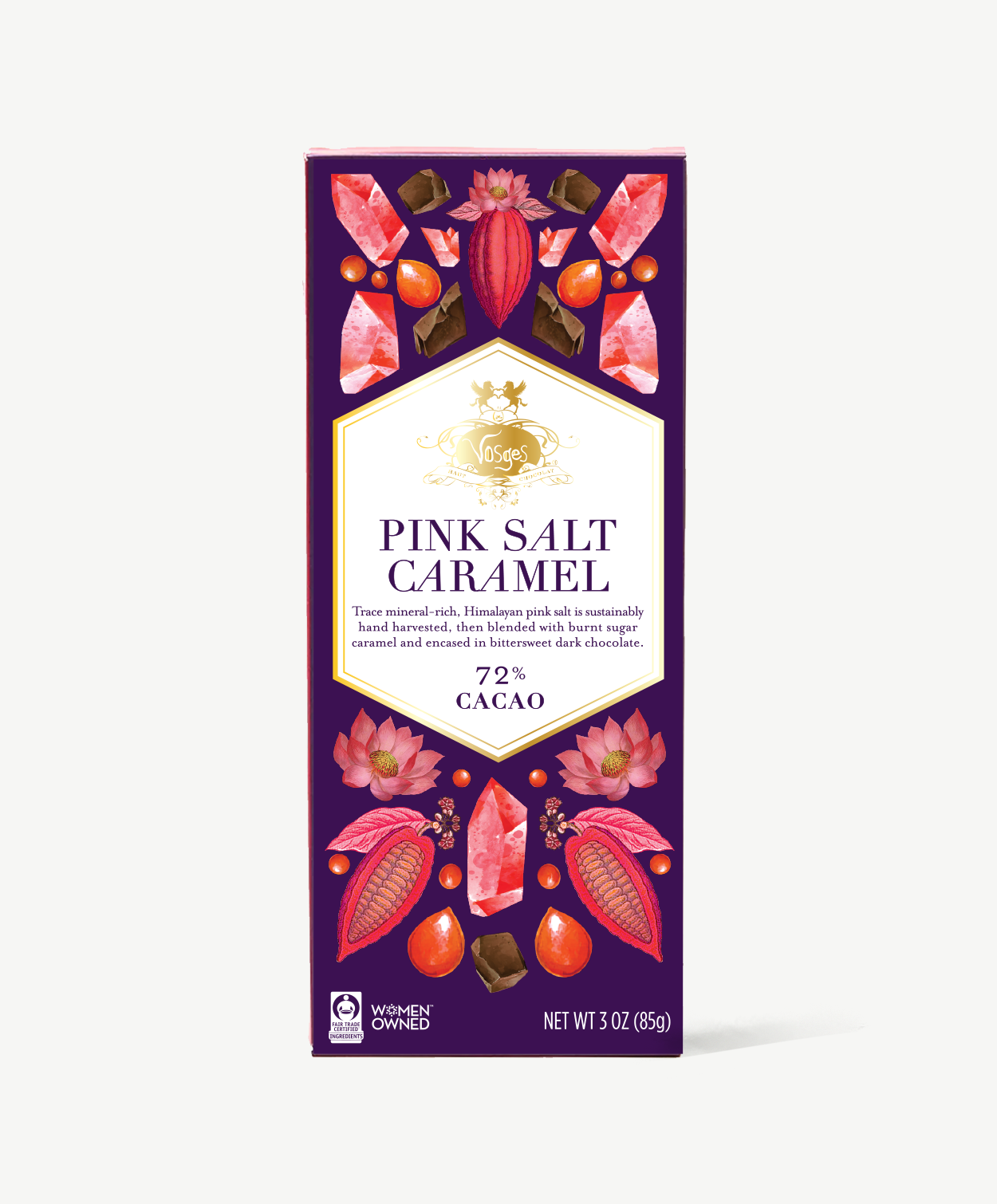 Vosges Pink Salt Caramel bar stands upright displaying a purple box illustrated with pink crystals and fruit on a grey background.