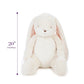 An enormous soft-plush, white snuggle rabbit by bunnies by the bay sits upright on a white background displaying dimensions in purple text.  