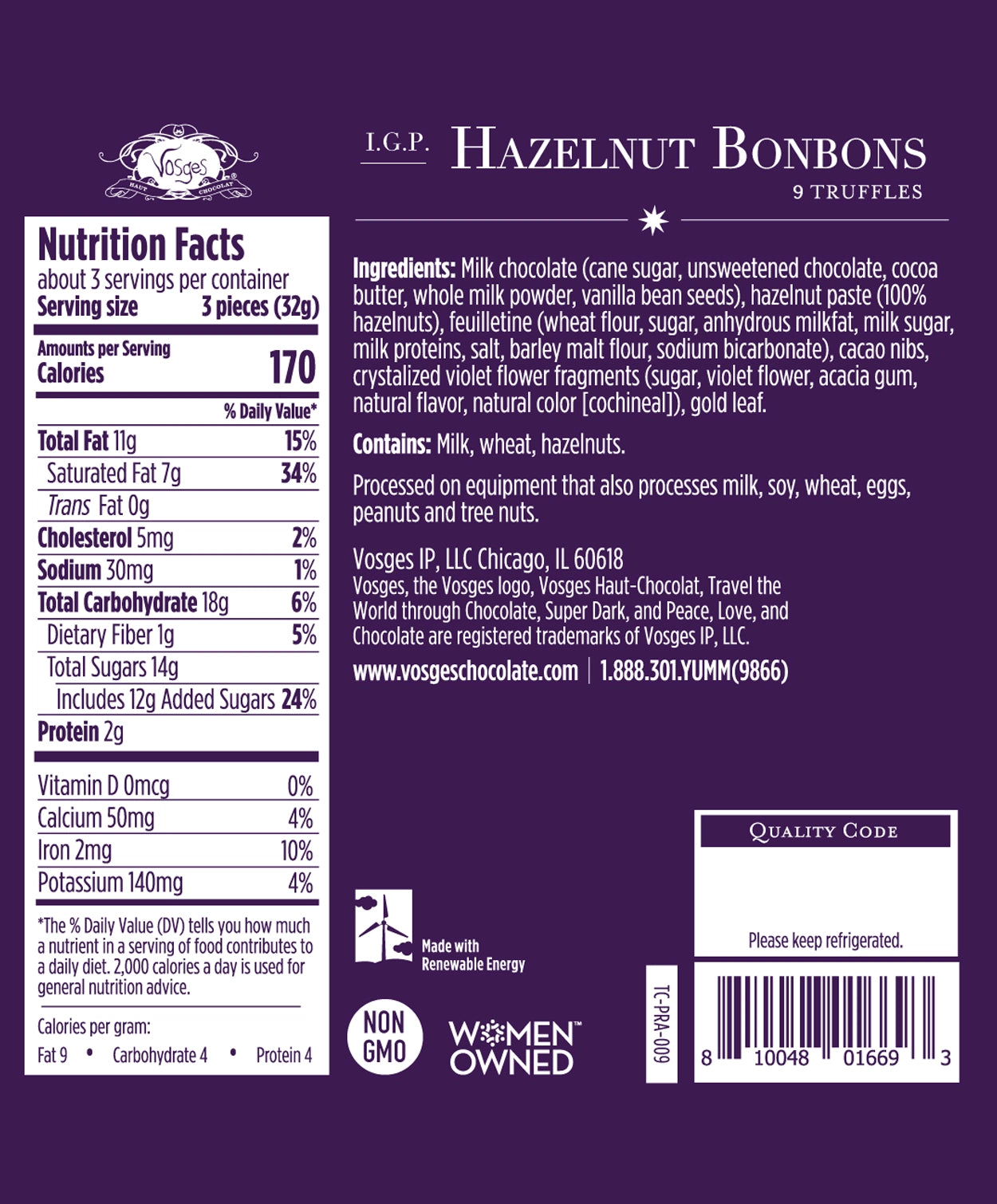 Nutrition Facts and Ingredients of Vosges Haut-Chocolat nine piece hazelnut praline bonbons Truffle Collection printed in white san-serif font on a dark purple background.