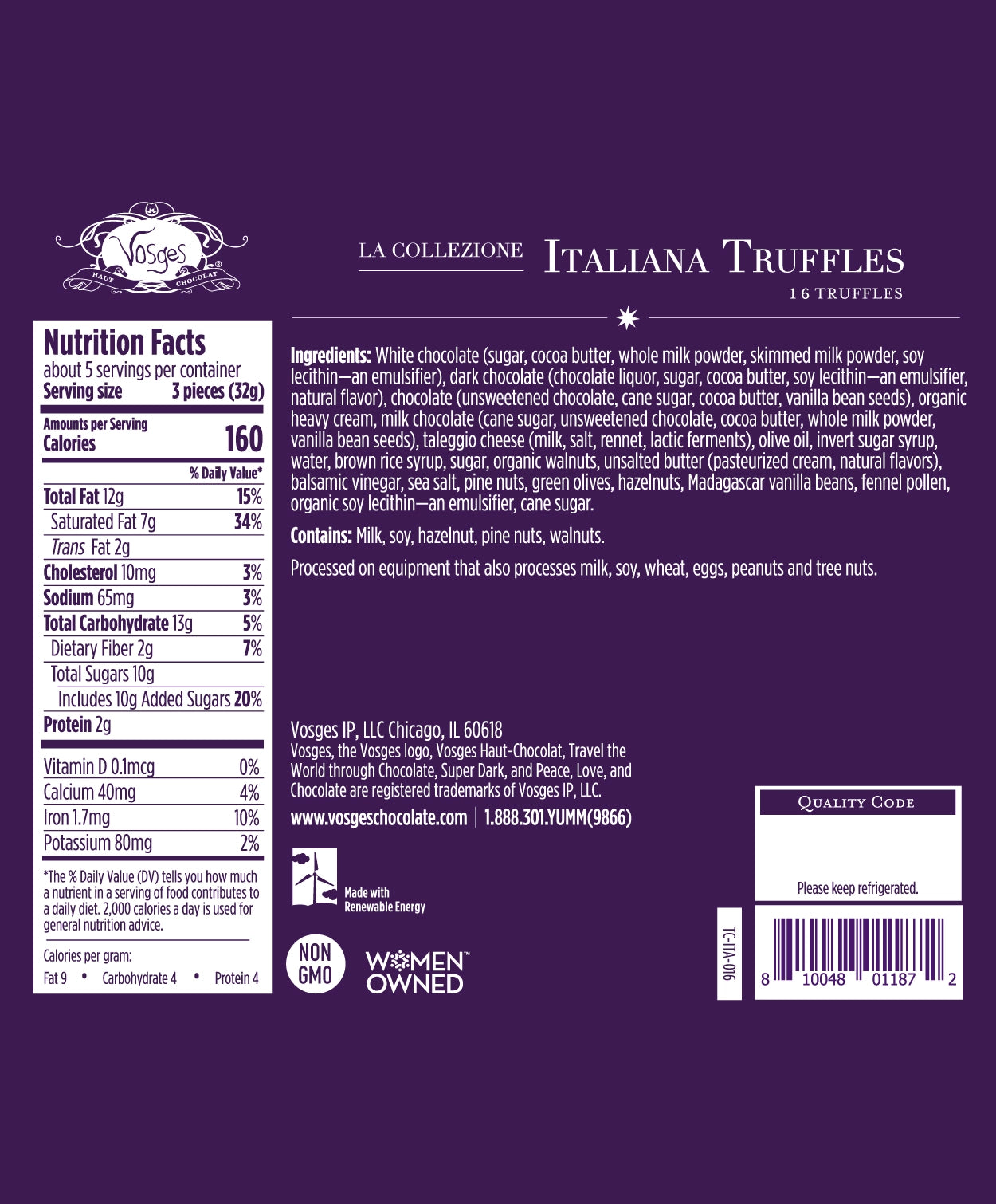 Nutrition Facts and Ingredients of Vosges Haut-Chocolat sixteen piece Italian Truffle Collection printed in white san-serif font on a dark purple background.