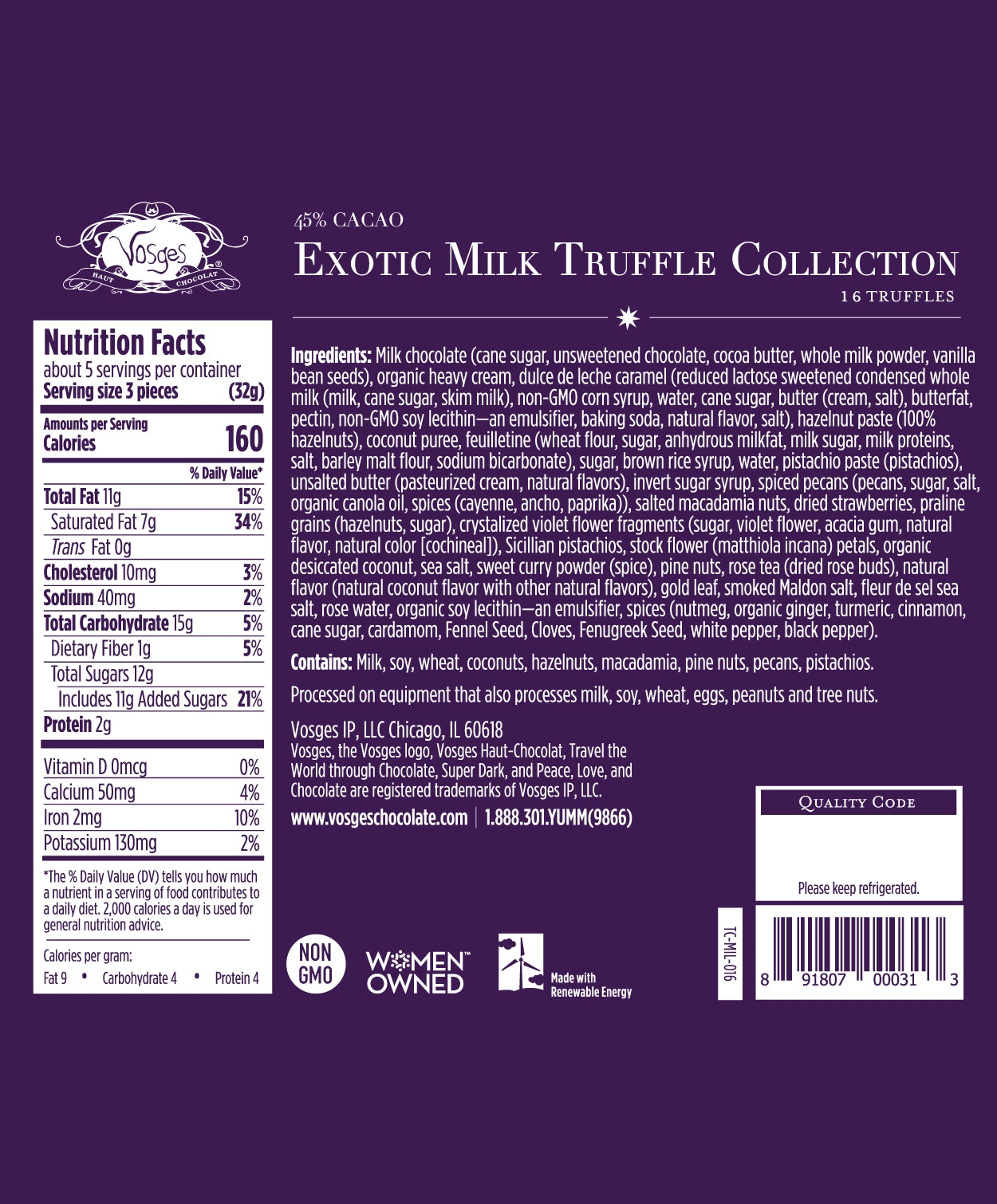 Nutrition Facts and Ingredients of Vosges Haut-Chocolat sixteen piece Milk Chocolate Truffle Collection printed in white san-serif font on a dark purple background.