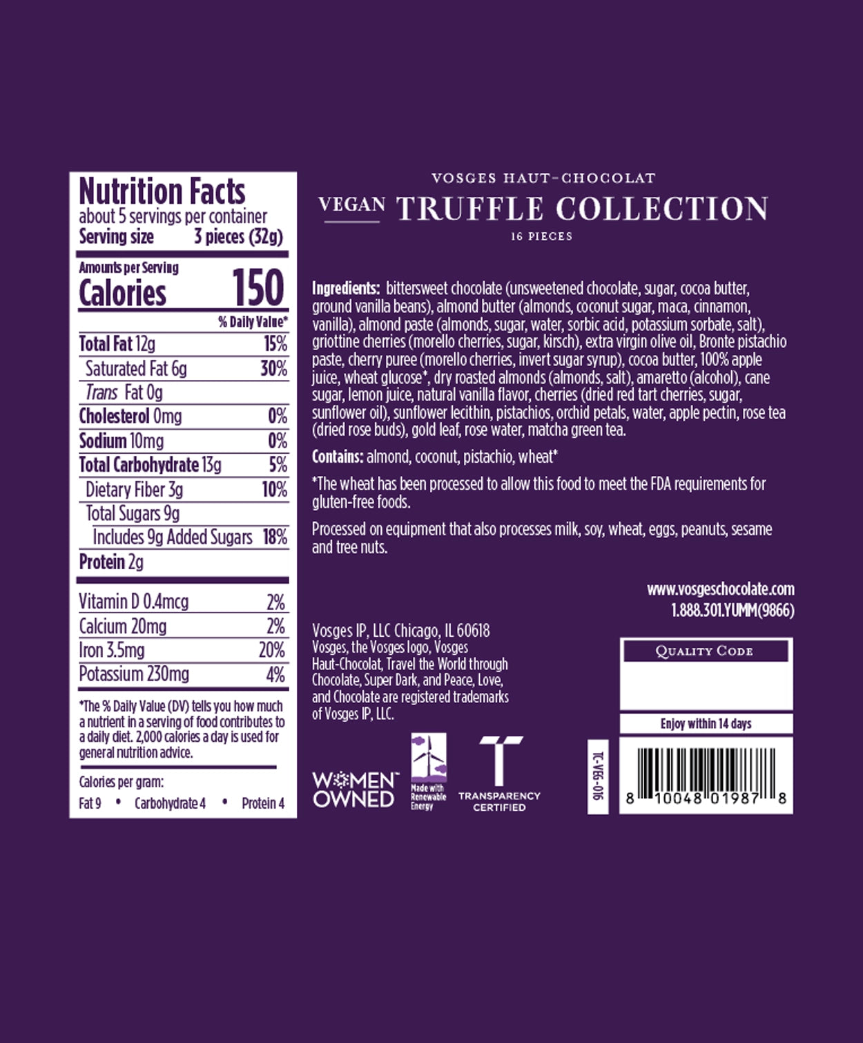 Nutrition Facts and Ingredients of Vosges Haut-Chocolat sixteen piece Vegan Chocolate Truffle Collection printed in white san-serif font on a dark purple background.