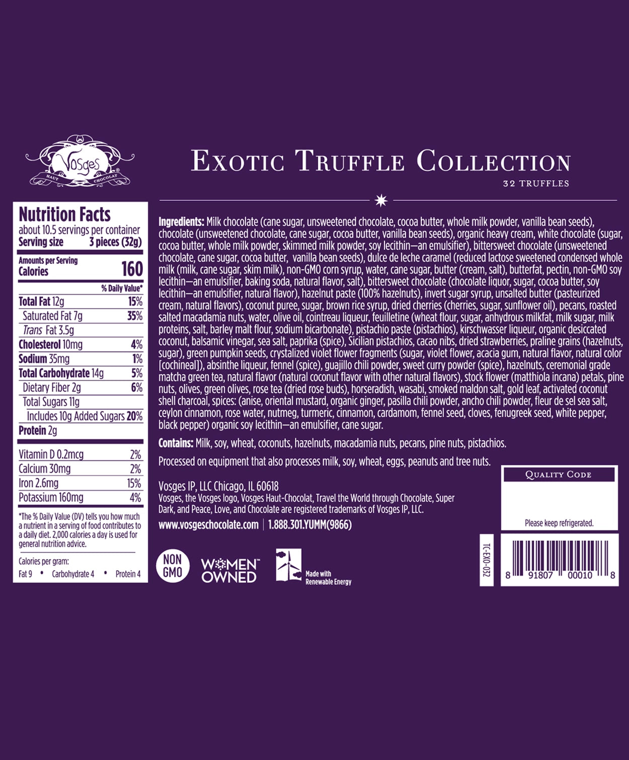 Nutrition Facts and Ingredients of Vosges Haut-Chocolat thirty-two piece Exotic Chocolate Truffle Collection printed in white san-serif font on a dark purple background.