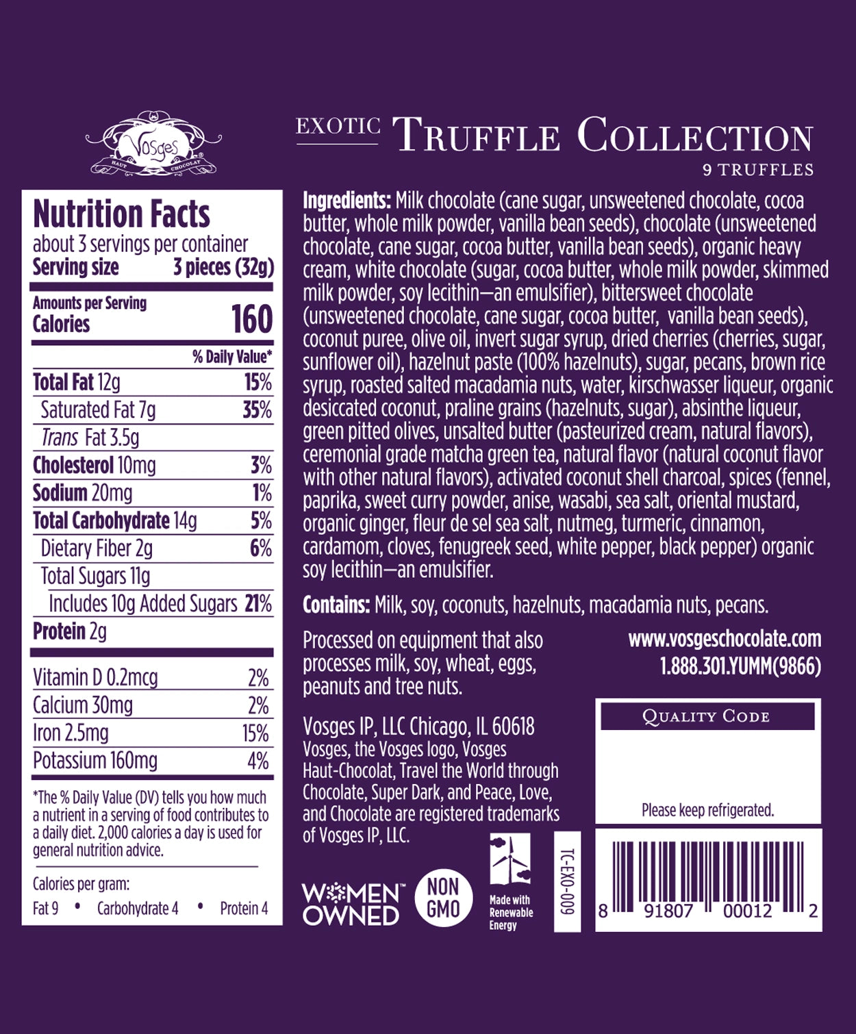 Nutrition Facts and Ingredients of Vosges Haut-Chocolat nine piece Exotic Chocolate Truffle Collection printed in white san-serif font on a dark purple background.