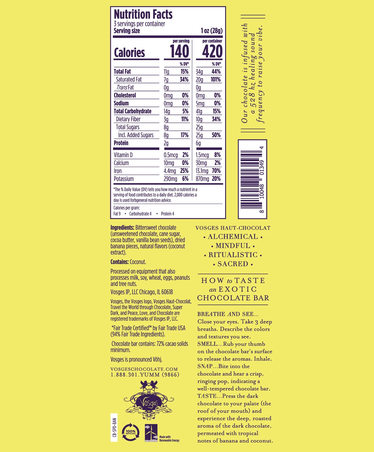 Nutrition Facts and Ingredients of Vosges Haut-Chocolat Banana Coconut bar in purple, san-serif font on a bright yellow background.Nutrition Facts and Ingredients of Vosges Haut-Chocolat Banana Coconut bar in purple, san-serif font on a bright yellow background.