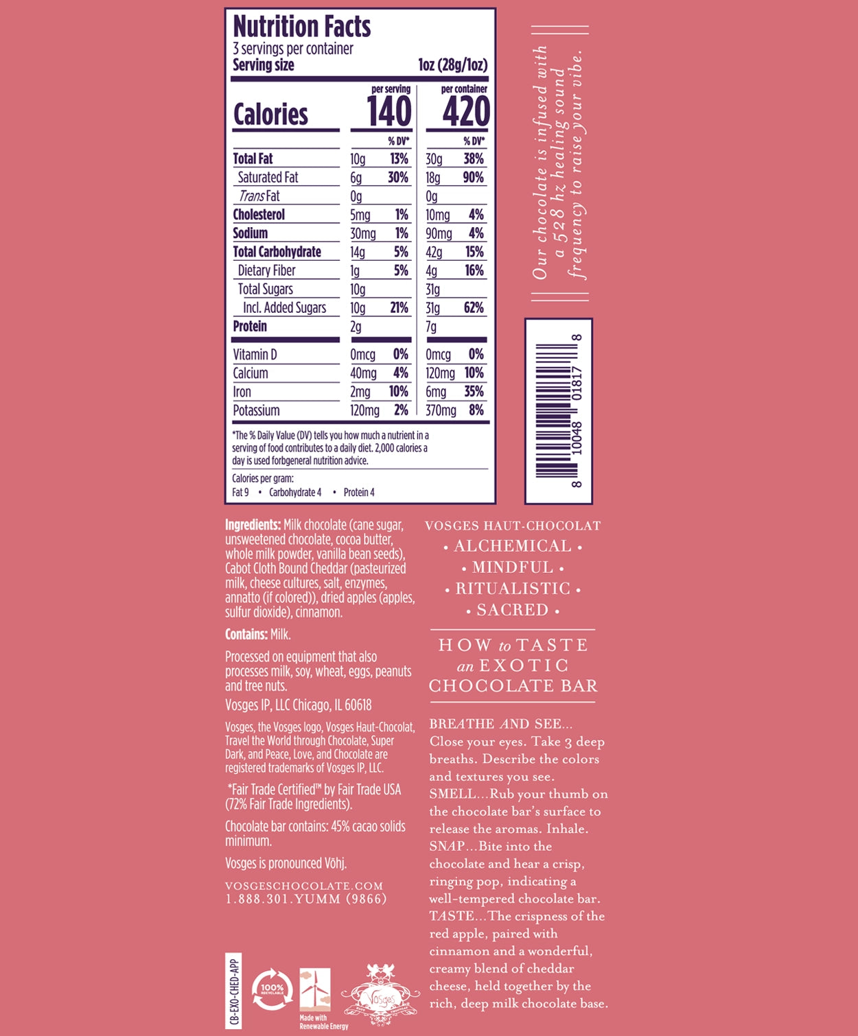 Nutrition Facts and Ingredients of Vosges Haut-Chocolat Cheddar and Apple bar in white, san-serif font on a bright pink background.