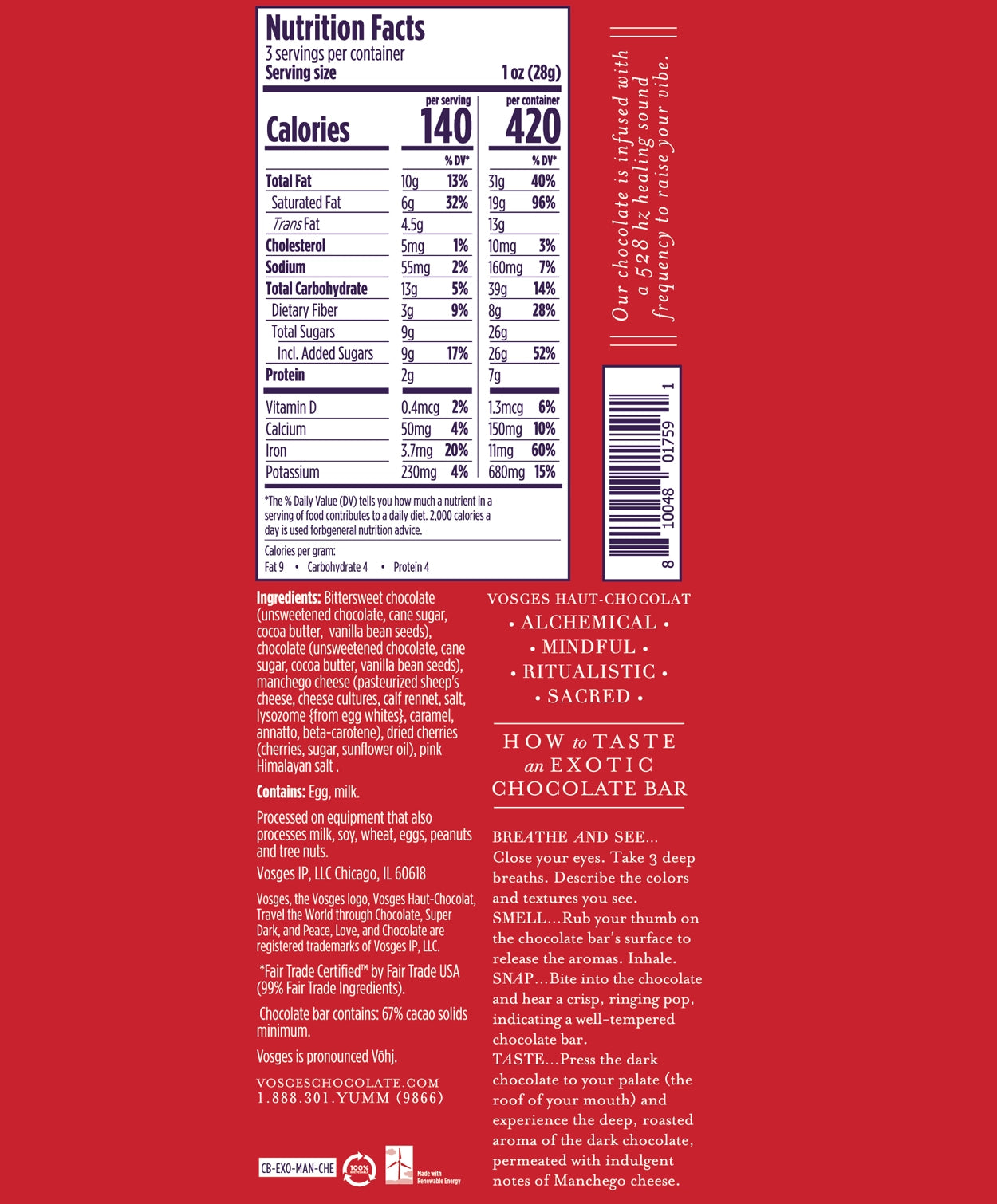 Nutrition Facts and Ingredients of Vosges Haut-Chocolat Manchego and Cherry bar in white, san-serif font on a bright red background.
