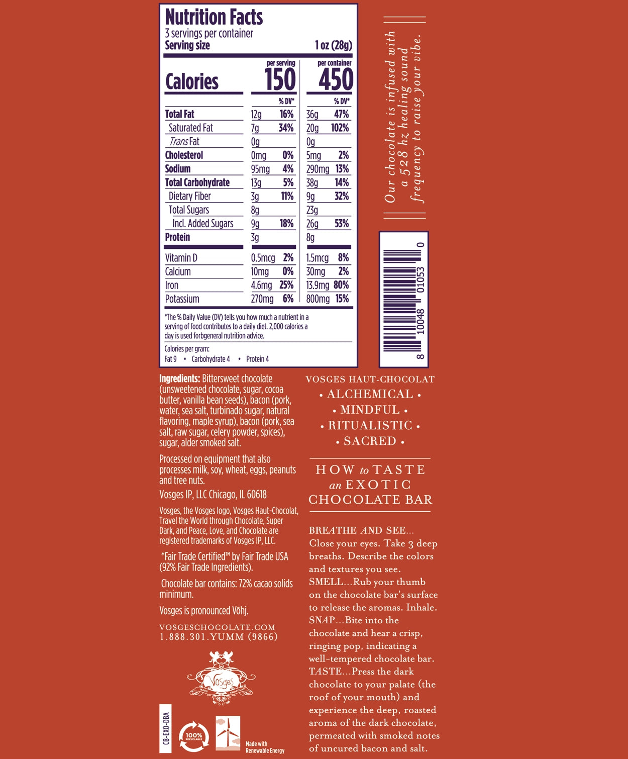 Nutrition Facts and Ingredients of Vosges Haut-Chocolat Mo's Dark Chocolate Bacon bar in white, san-serif font on a red background.