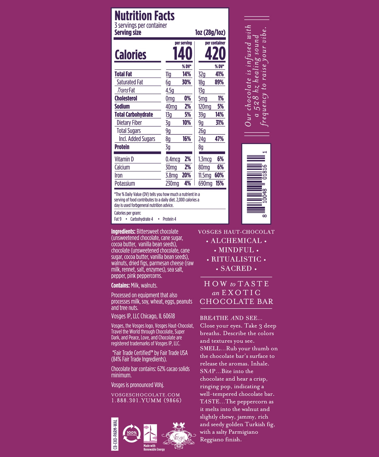 Nutrition Facts and Ingredients of Vosges Haut-Chocolat Parmesan Walnut and Fig bar in white, san-serif font on a bright pink background.