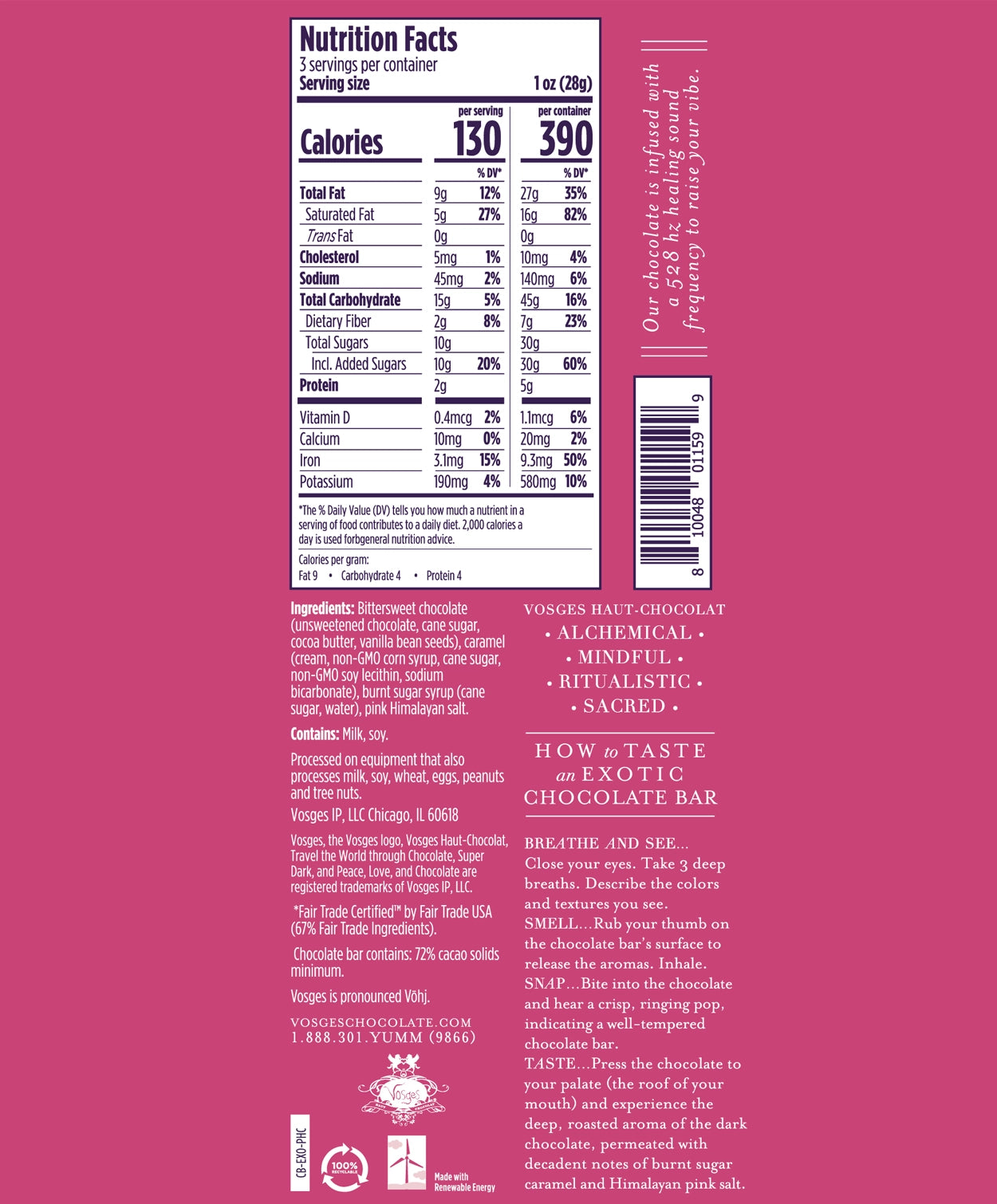 Nutrition Facts and Ingredients of Vosges Haut-Chocolat Pink Salt Caramel bar in white, san-serif font on a bright pink background.