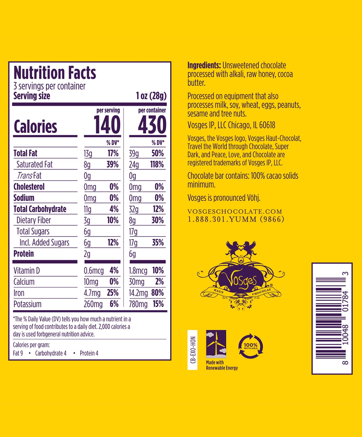 Nutrition Facts and Ingredients of Vosges Haut-Chocolat Raw Honey Cacao bar in white, san-serif font on a bright yellow background.