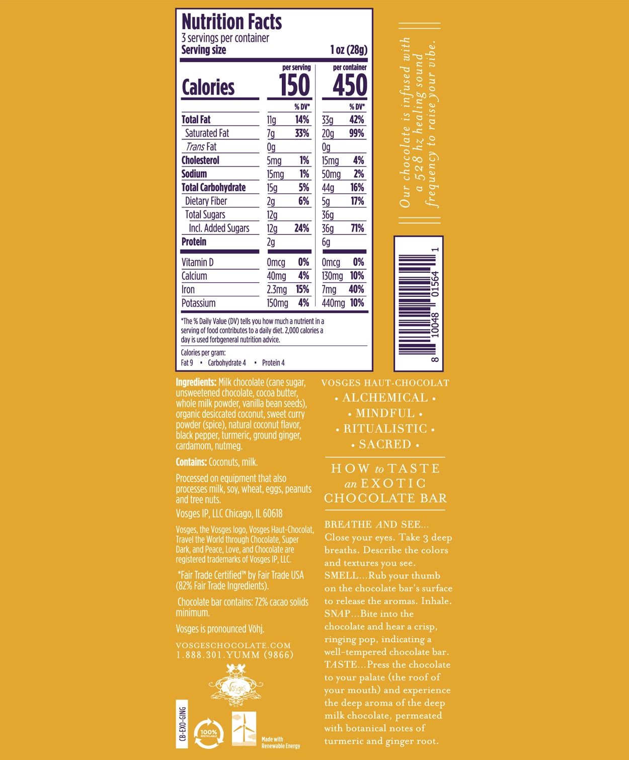 Nutrition Facts and Ingredients of Vosges Haut-Chocolat Turmeric Ginger bar in white, san-serif font on a bright yellow background.