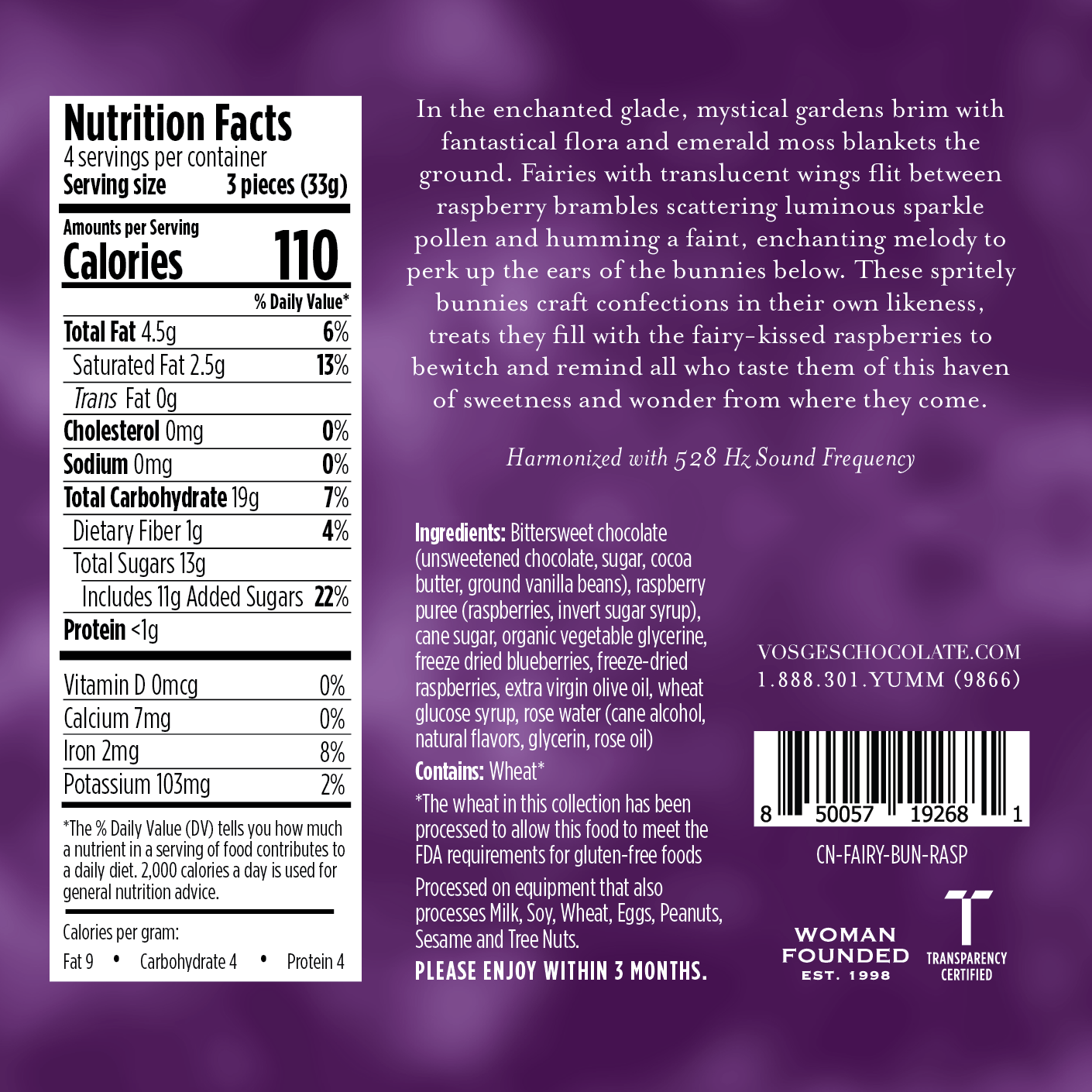nutrition facts panel for Vosges Raspberry Fairy Bunnies