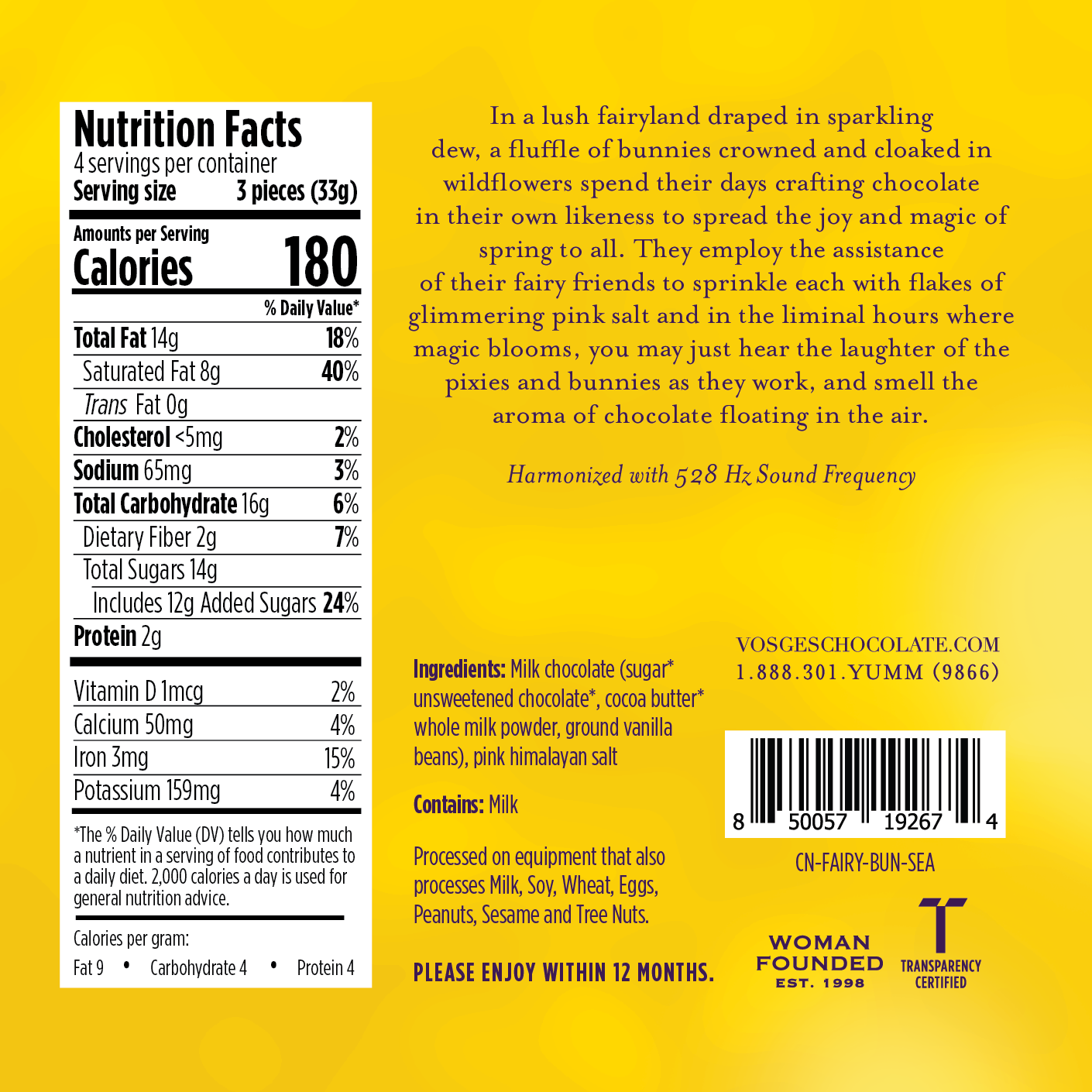Nutritional facts panel for Vosges milk chocolate Fairy Bunnies
