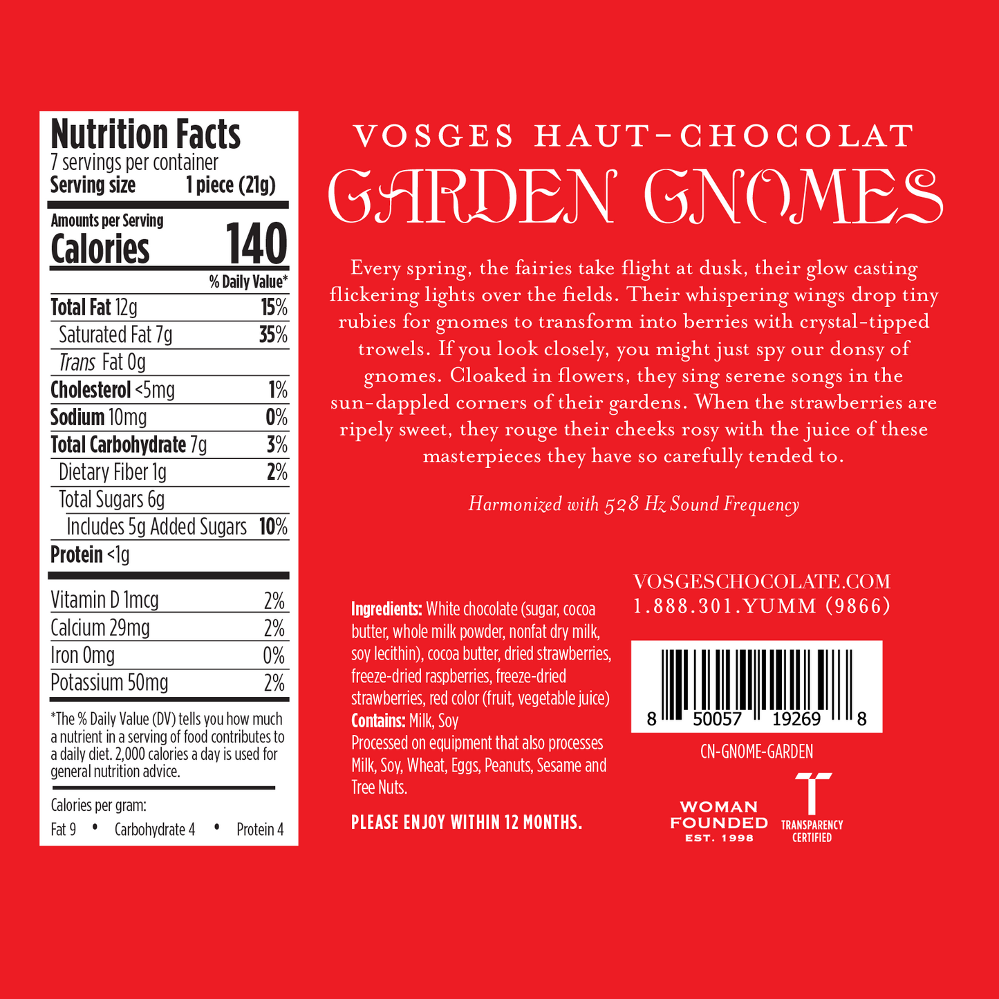 A nutritional facts panel for Vosges Garden Gnomes