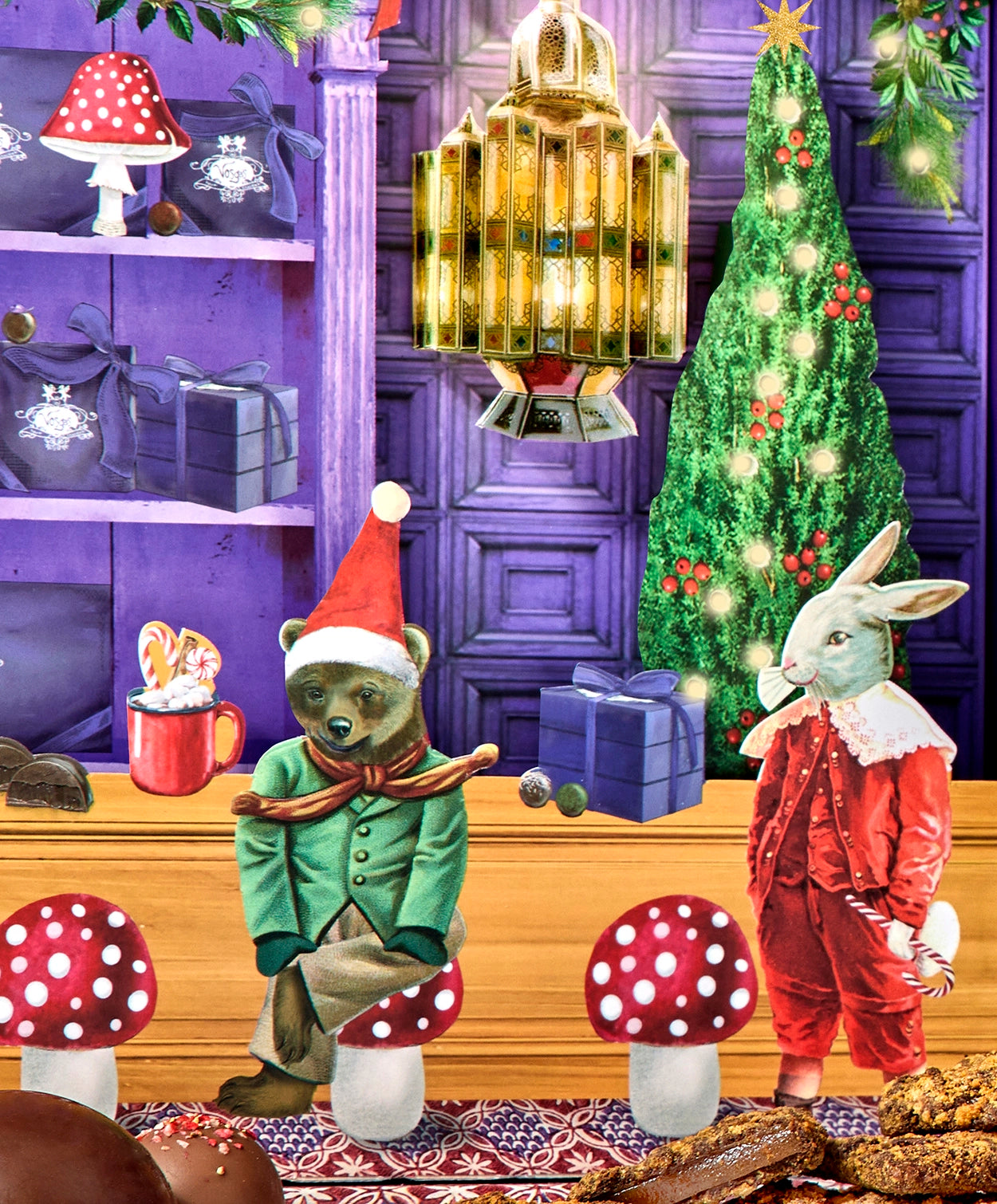 A bear wearing a green overcoat and a white rabbit dressed in a red three piece suit sit on two mushroom stools enjoying each others company in the Vosges Haut-Chocolat Calendar of Advent.