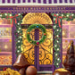A closeup view of the Vosges Advent calendar: a miniature chocolate shop doorway entrance decorated with bright christmas lights, holly and a wreath surrounded by chocolate confections.