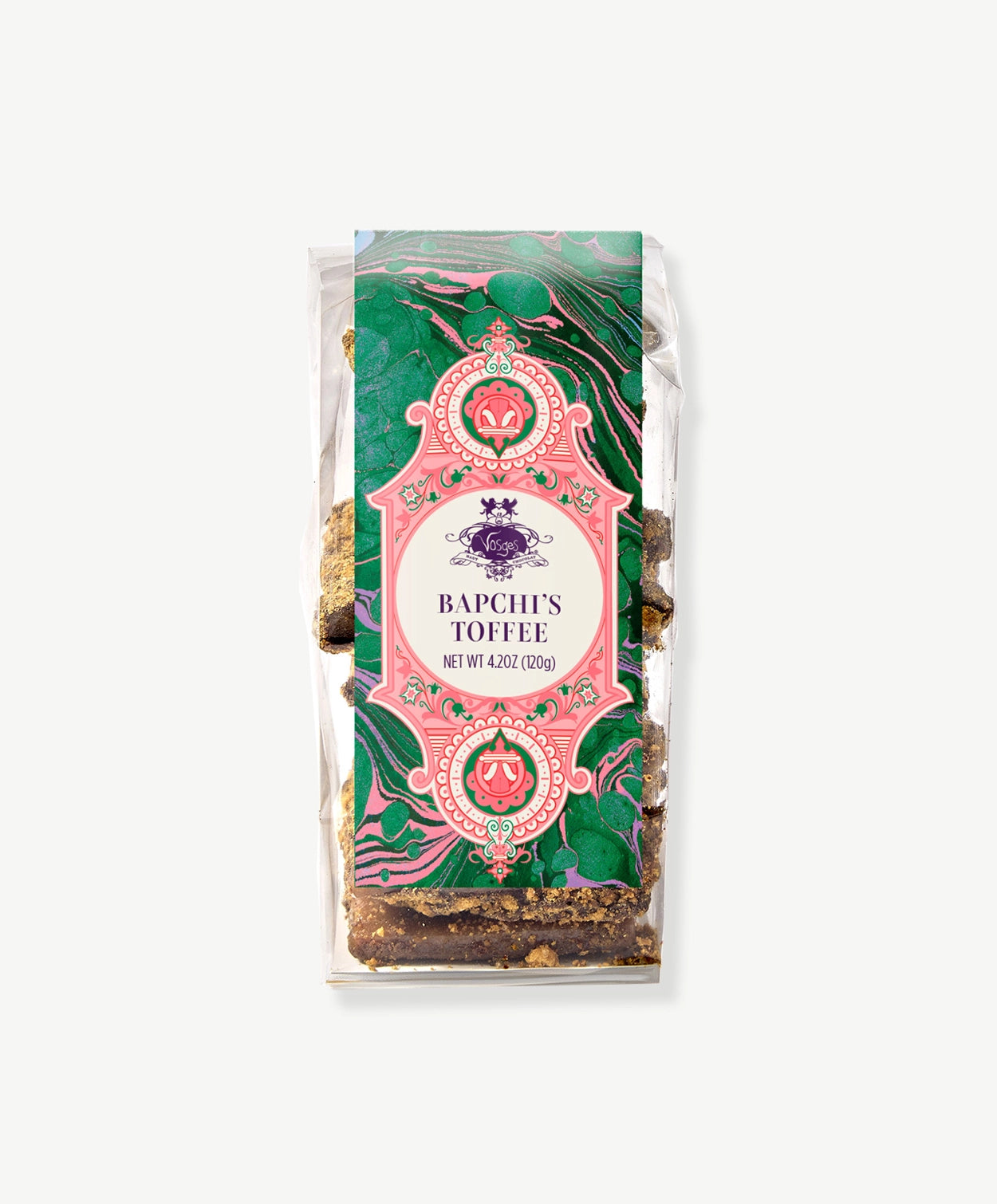A clear bag of Caramel Toffee decorated with a green and pink label stands against a light grey background.