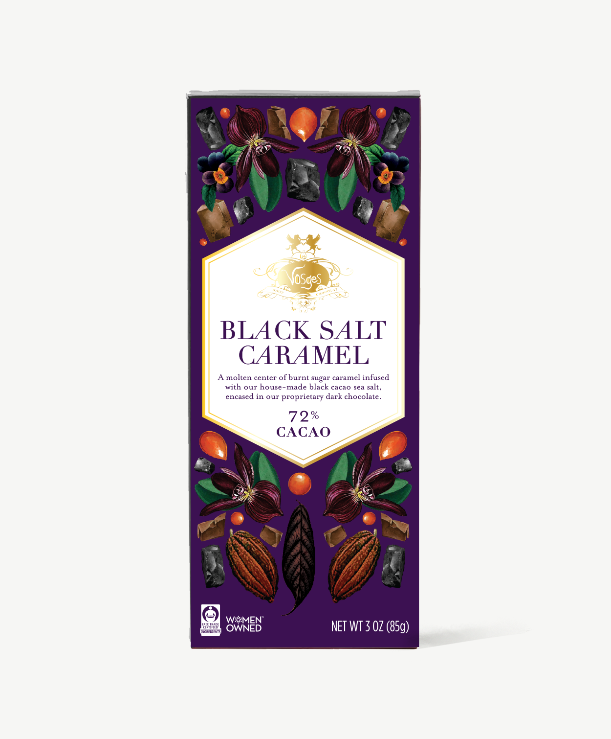 Vosges Black Salt Caramel bar in box displaying colorful illustrations of salt crystals and cacao pods on a white background.