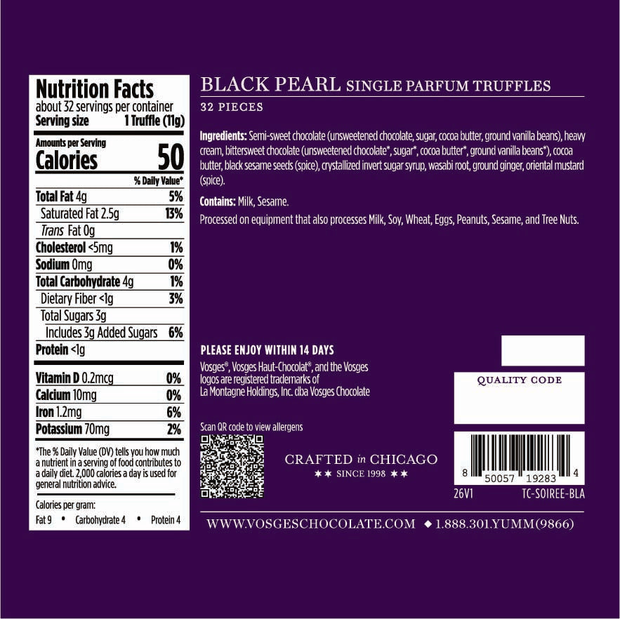 Back of Black Pearl Truffles box showing nutrition facts panel and ingredients